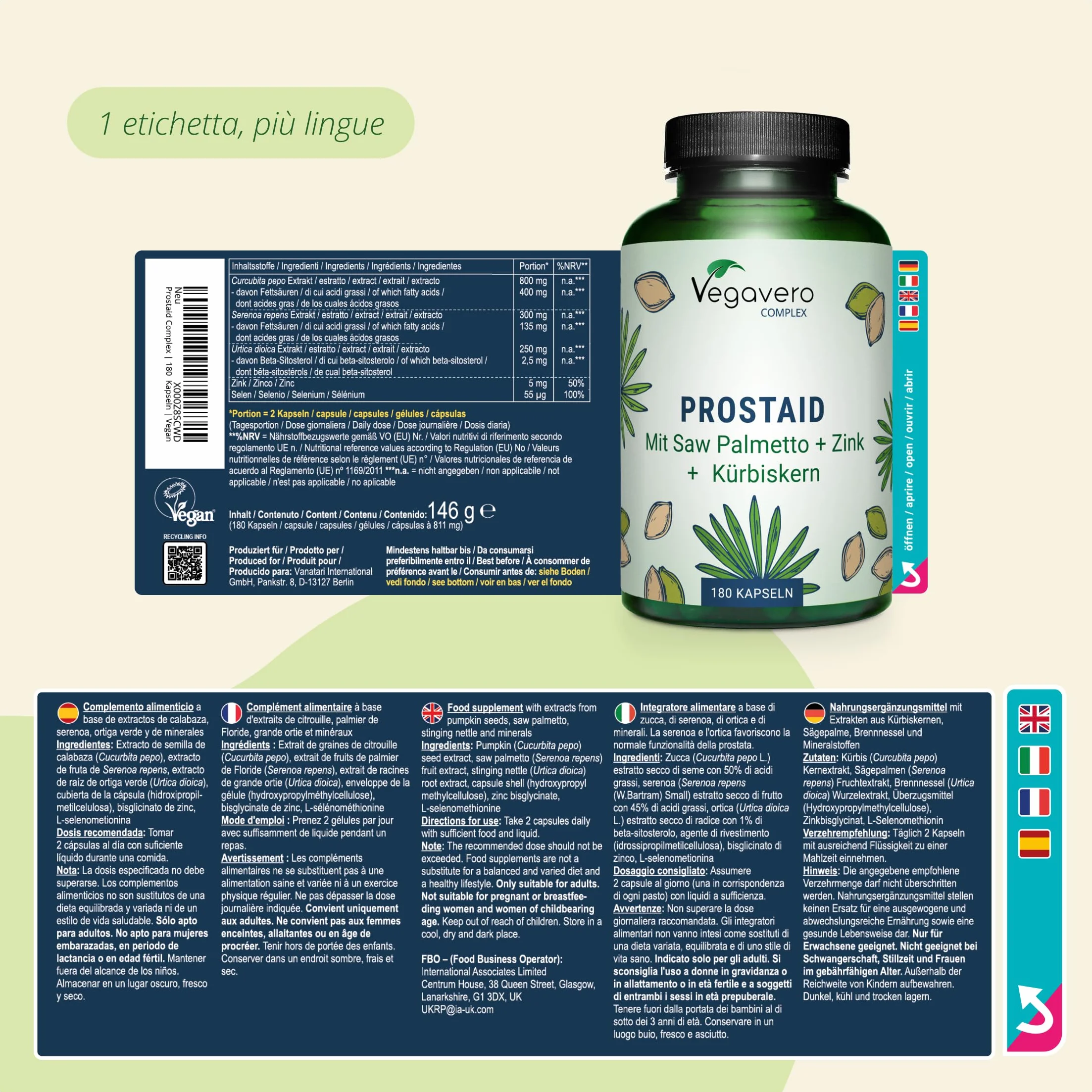 Vegavero® Integratore PROSTATA 180 capsule Serenoa Repens Ortica Zucca Zinco Selenio Acidi Grassi