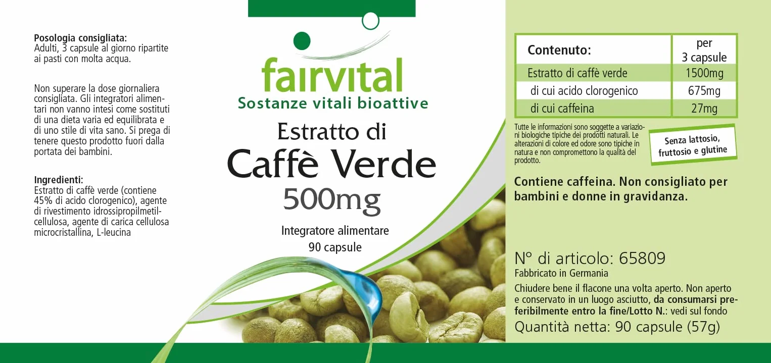 Fairvital Estratto di caffè verde 500 mg 90 capsule alto dosaggio standardizzato 45% acido clorogenico vegano