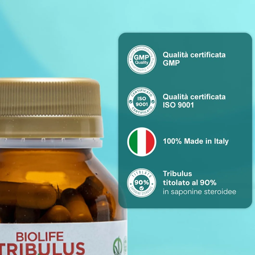 BIOLIFE Tribulus Terrestris 60 capsule 655 mg Titolato 90% Saponine Attive Prodotto Veganok integratore testosterone uomo