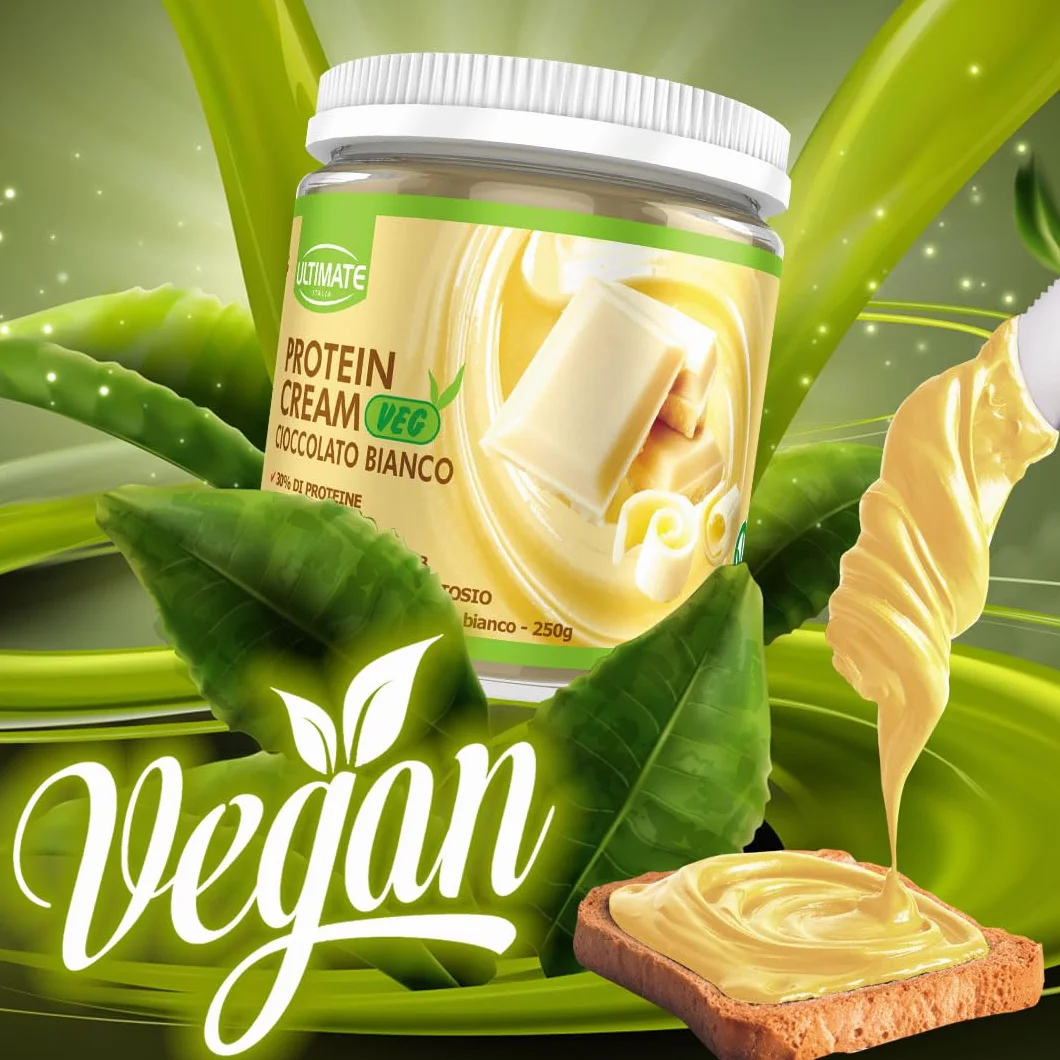 Ultimate Italia - Crema proteica al 30% spalmabile, senza zuccheri - 250g - gusto cioccolato bianco - senza lattosio e glutine - 100% vegetale - poche calorie, con vitamine