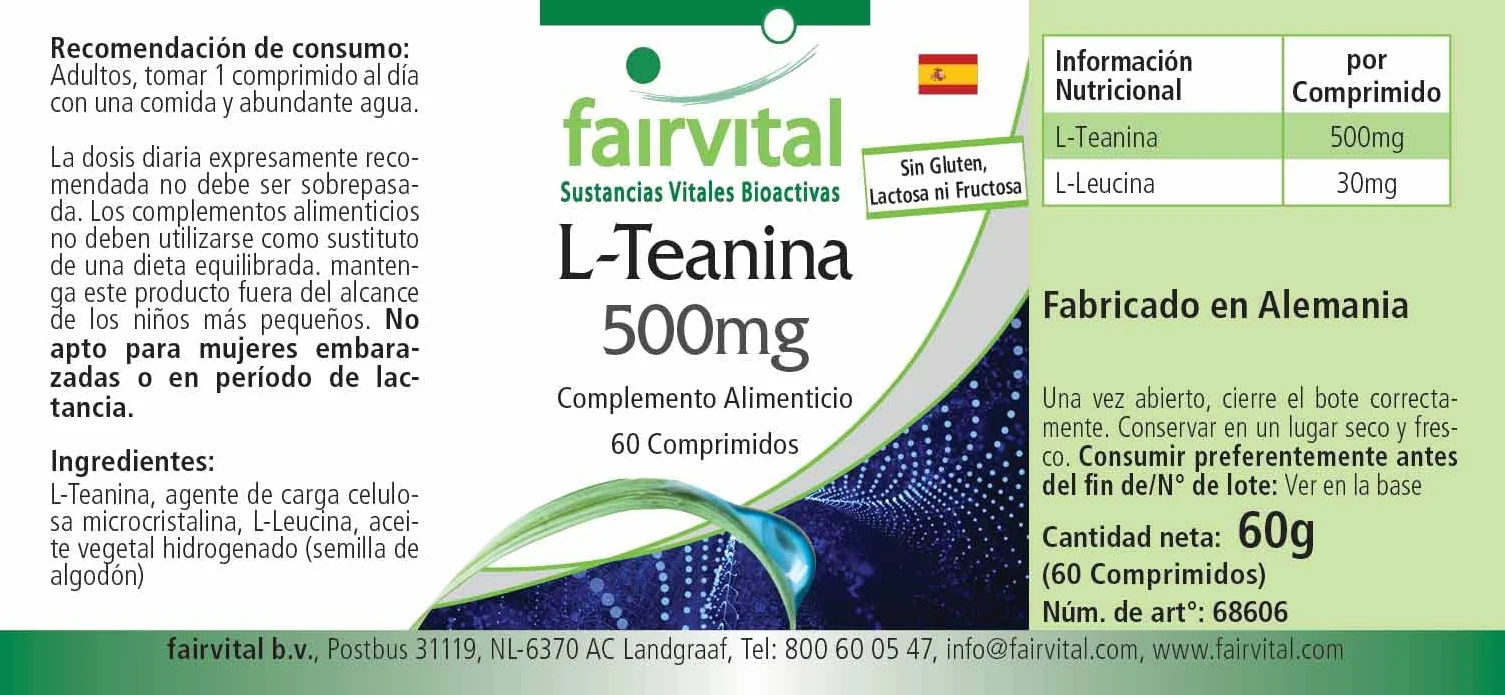 fairvital L-teanina 500 mg, 60 compresse, ALTO DOSAGGIO, VEGANO, aminoacido, facile da deglutire