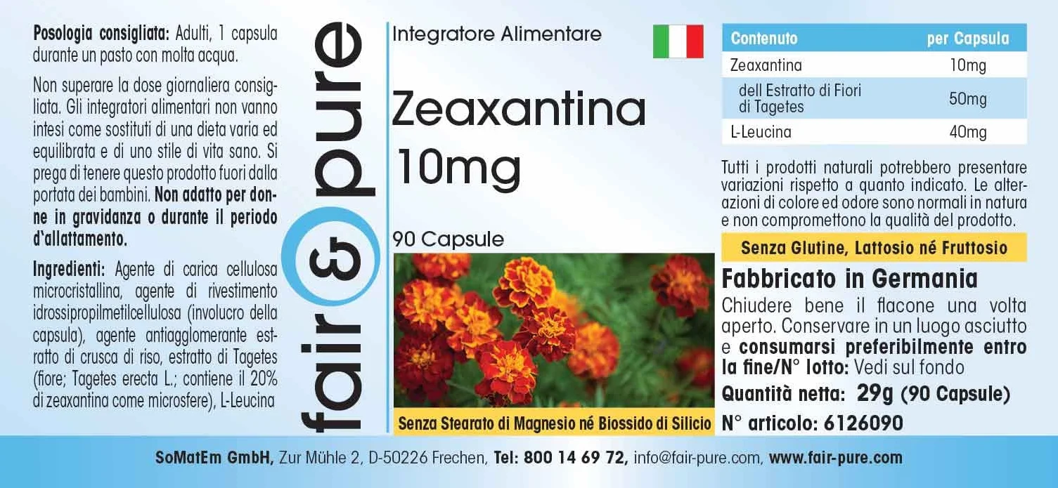 Fair & Pure Zeaxantina 10mg Naturale da fiore di calendula Vegan 90 Capsule