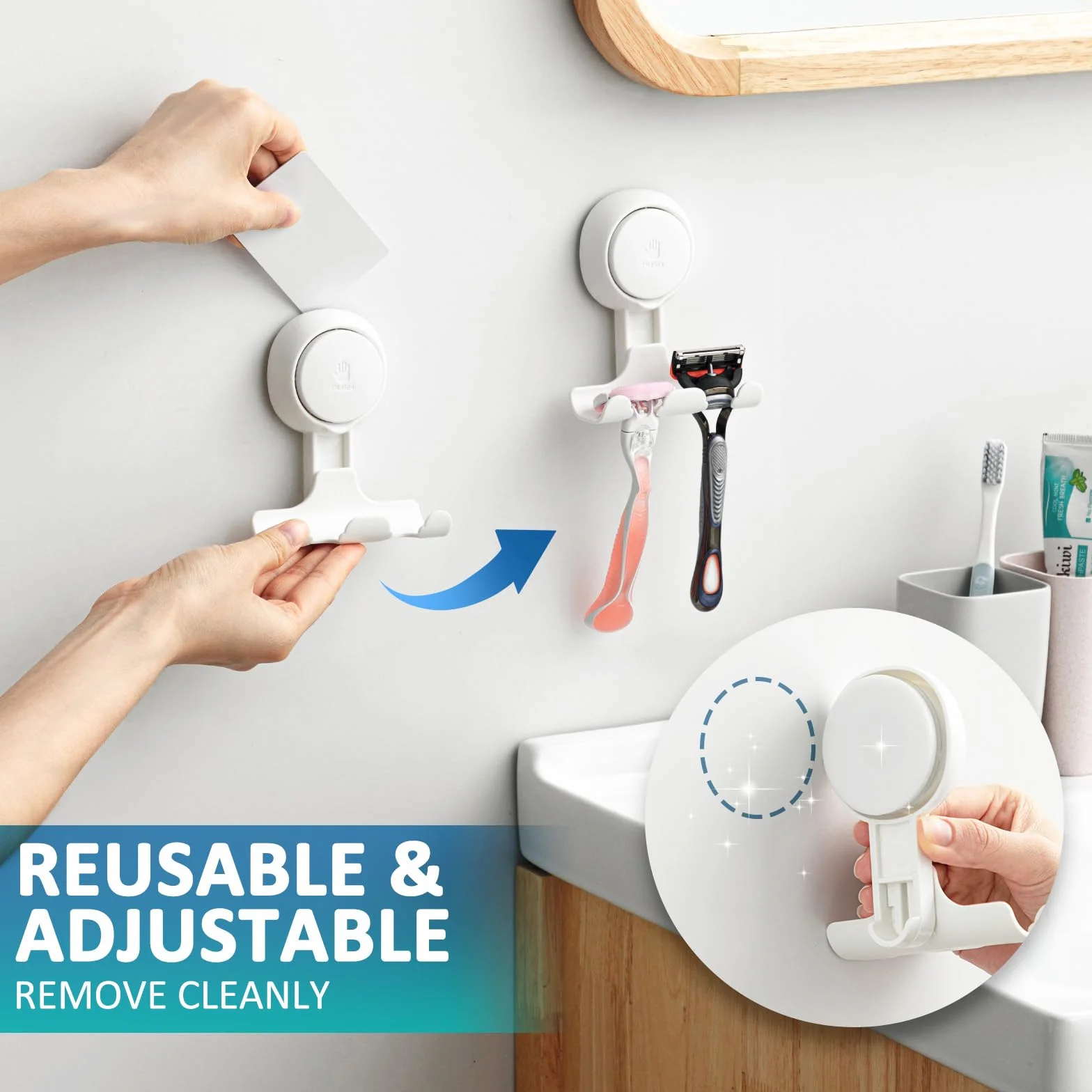 TAILI Supporto per Rasoio per Doccia 2 Pack, Ganci a Ventosa per Doccia Supporto per Rasoio a Ventosa per Asciugamano Spugna di Luffa Ganci Impermeabili per Cucina e Bagno