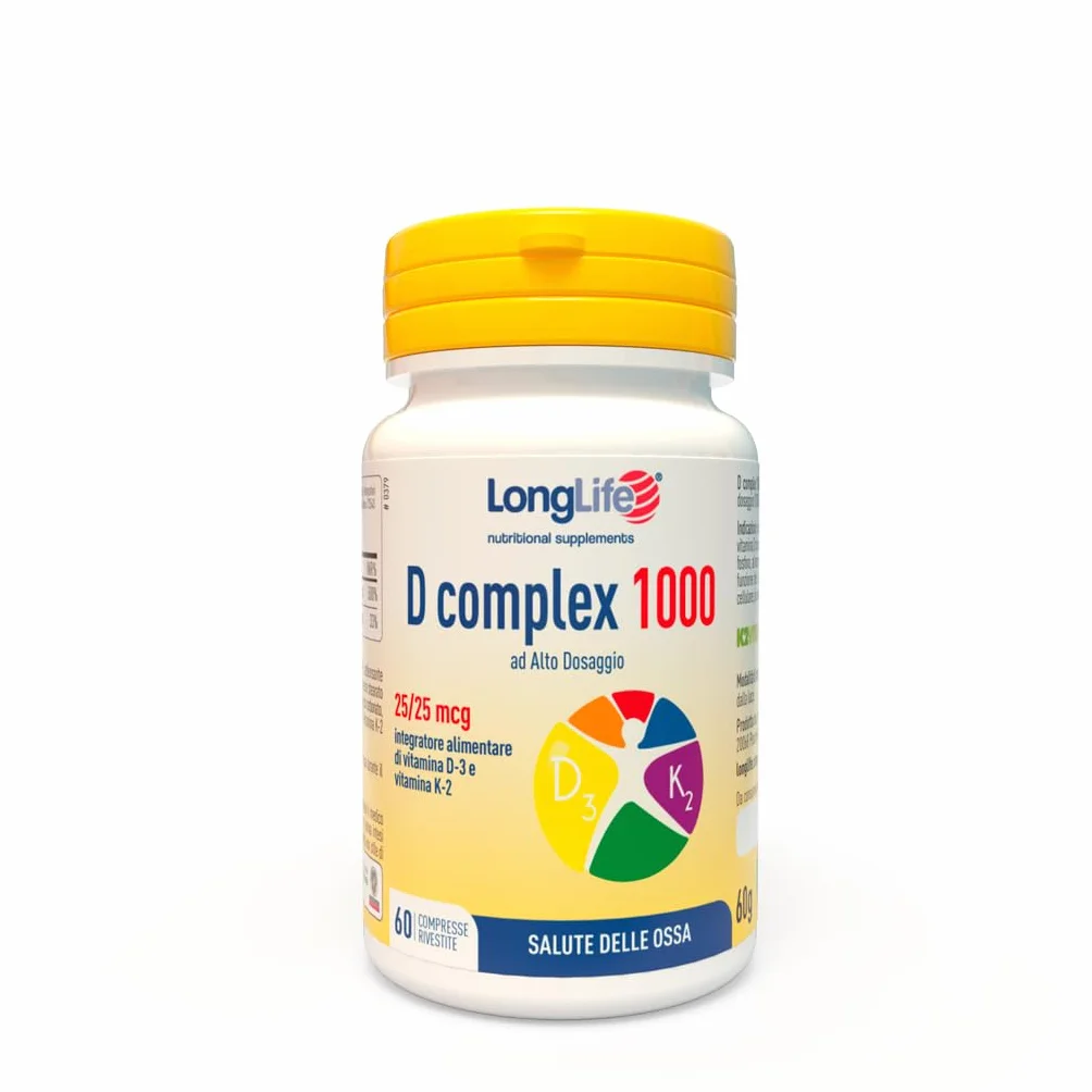 LongLife® D complex 1000 | Integratore vitamina D3 e vitamina K2 naturale | Alto dosaggio | Benessere delle ossa | Difese immunitarie | Fino a 2 mesi di trattamento | Senza glutine e doping free