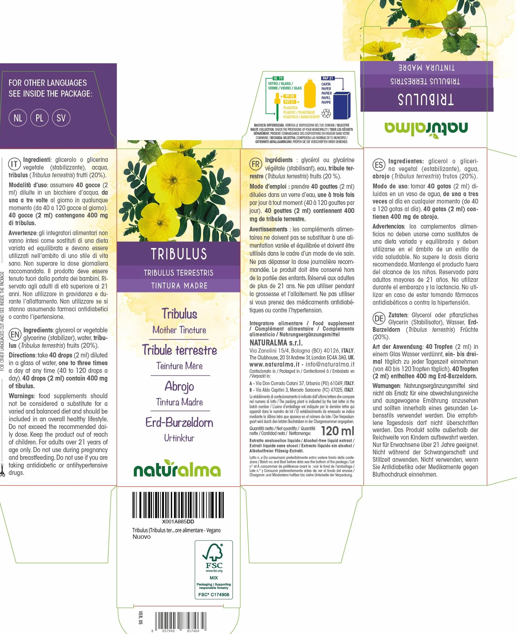 Tribulus terrestris frutti Tintura Madre analcoolica Naturalma Estratto liquido gocce 120 ml Integratore alimentare Vegano