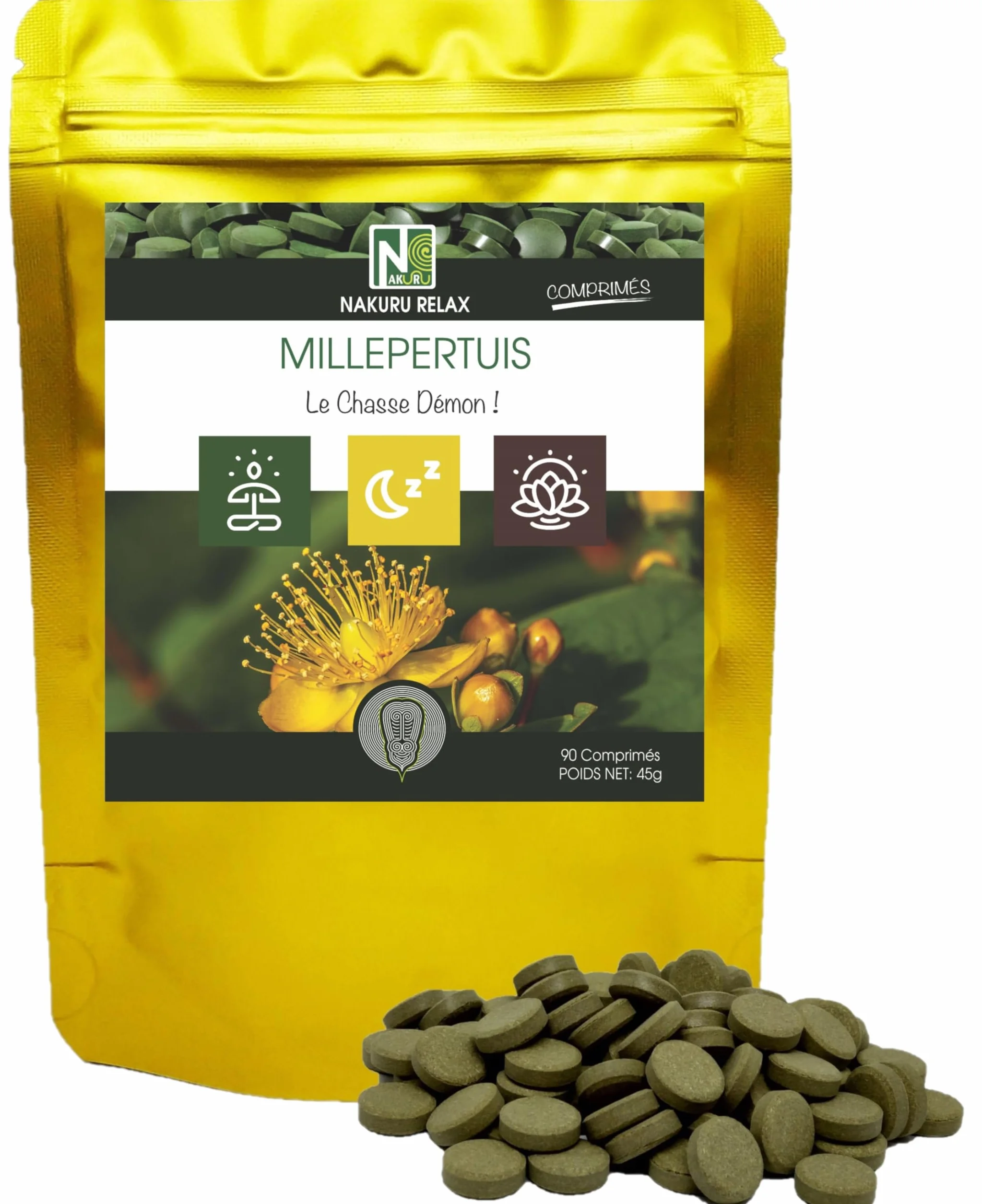 Erba di San Giovanni | 90 compresse da 500mg | NAKURU Relax | Polvere organica secca e compressa a freddo | Analizzata e condizionata in Francia | "La Caccia al Demone!"
