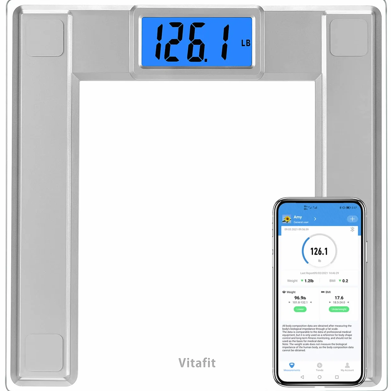 Vitafit 250kg Bilancia Pesapersone Digitale Intelligent con Peso e BMI, Professionale Bluetooth Bilancia Pesa Persona Digitale con App, vetro temperato da 8 mm con piattaforma extra larga, argento