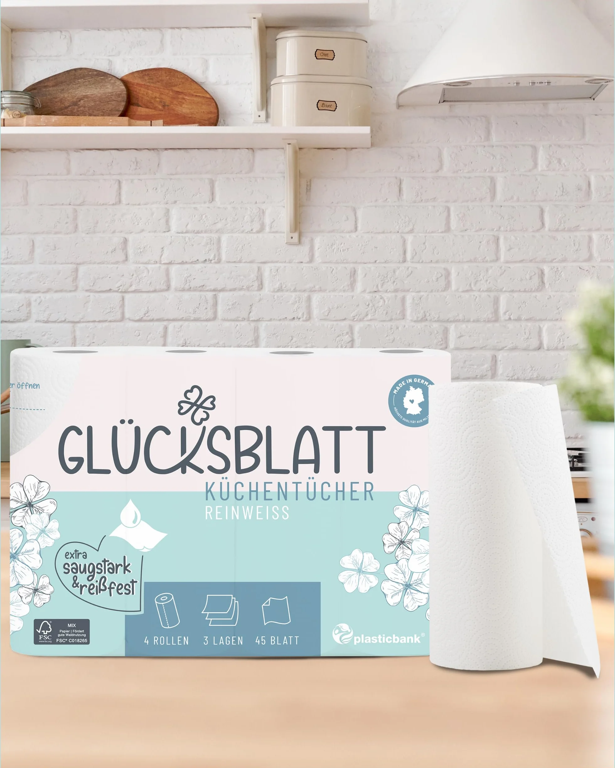Glücksblatt Asciugamani da cucina 48 rotoli 45 fogli 3 strati 100% polpa assorbenti carta da cucina