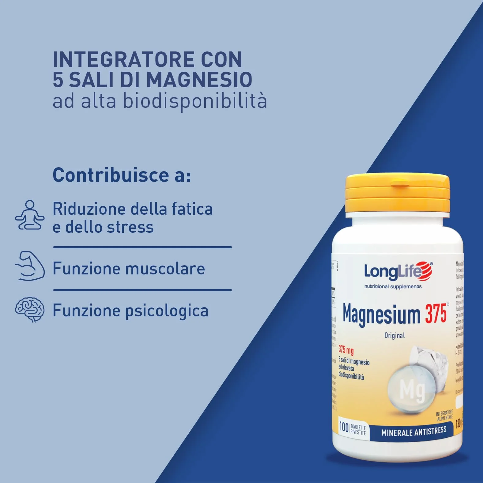 LongLife Magnesium 375® | 5 sali di magnesio | Alto dosaggio | Integratore magnesio antistress | 100 tavolette | Oltre 3 mesi di trattamento | Vegano e senza glutine