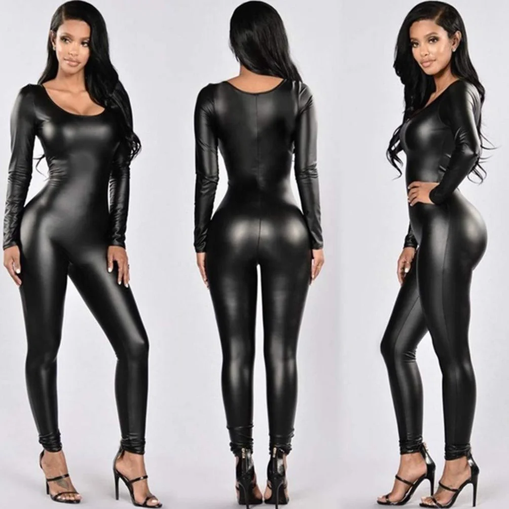 Tuta da donna con effetto bagnato, in lattice, sexy, in pelle, a maniche lunghe, sexy, in lattice, per catsuit