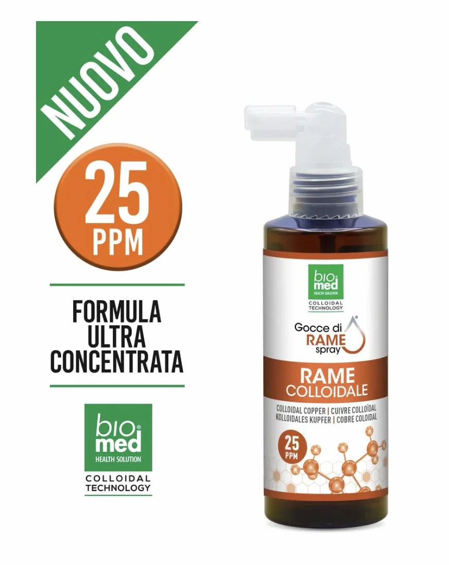 Rame colloidale sublinguale ultraconcentrato. SPRAY di nuova generazione Integratore colloidale attivo. Ogni flacone contiene 100 ml. 25 ppm, concentrazione di principio attivo PIÙ ALTA sul mercato.