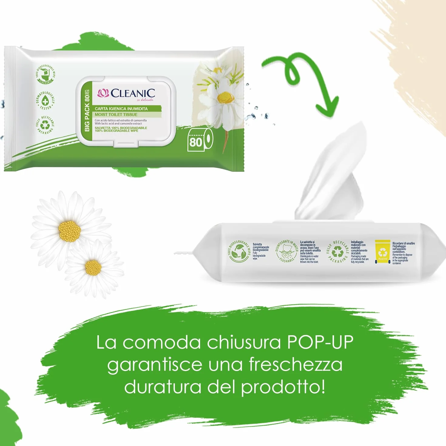 Cleanic Carta Igienica Umidificata 80 Pezzi con Estratto di Camomilla Lavabile Salviette Pulizia Intima Pelle Sensibile