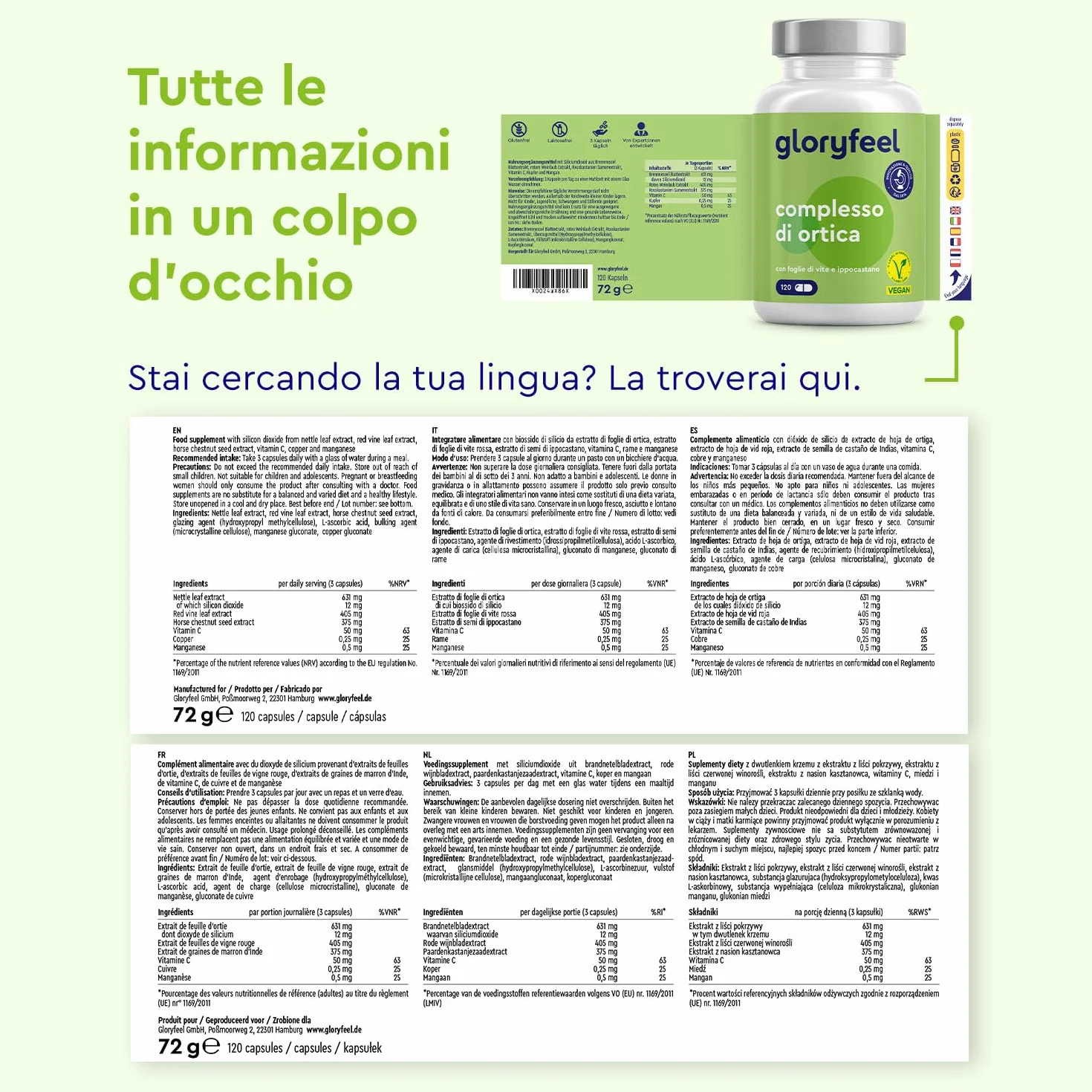 Ortica Capsule Alto Dosaggio 10:1 – Estratto di Foglie di Ortica con Ippocastano, Vite Rossa e Vitamina C – 120 Capsule Vegan – Rame e Manganese