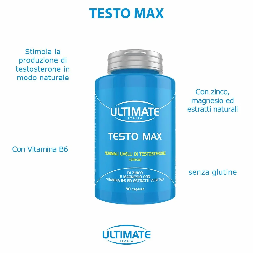 Testo Max - Integratore Per Forza, Potenza, Vigore – Stimola La Produzione Naturale Di Testosterone – Con Tribulus terrestris, Discorea, Fieno Greco, Zinco, Magnesio - 90 Capsule - Ultimate Italia
