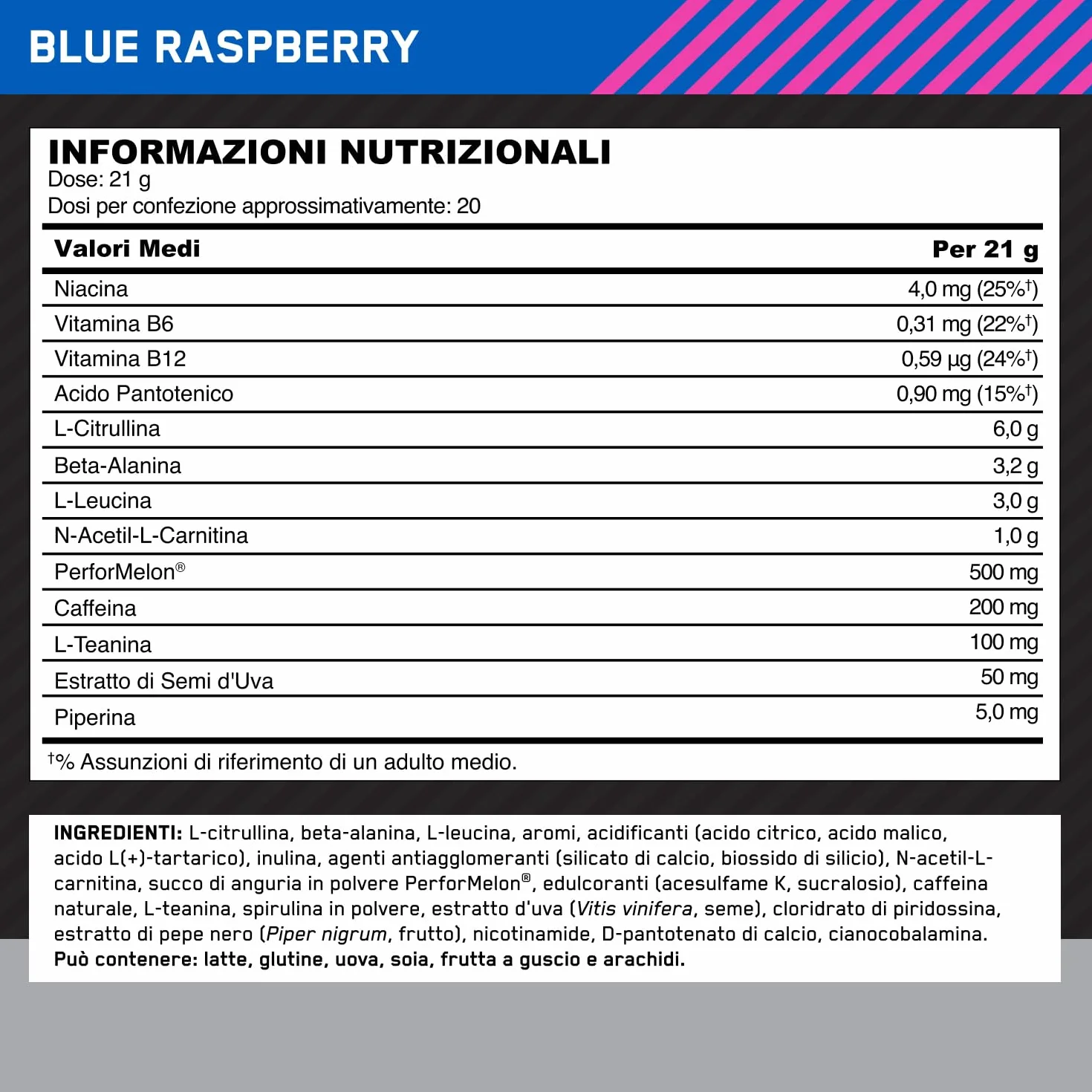 Optimum Nutrition ON Platinum PUMP Pre-Workout, Integratore Pre-Workout Intenso Senza Caffeina, Gusto Lampone Blu, 420 g, 20 dosi