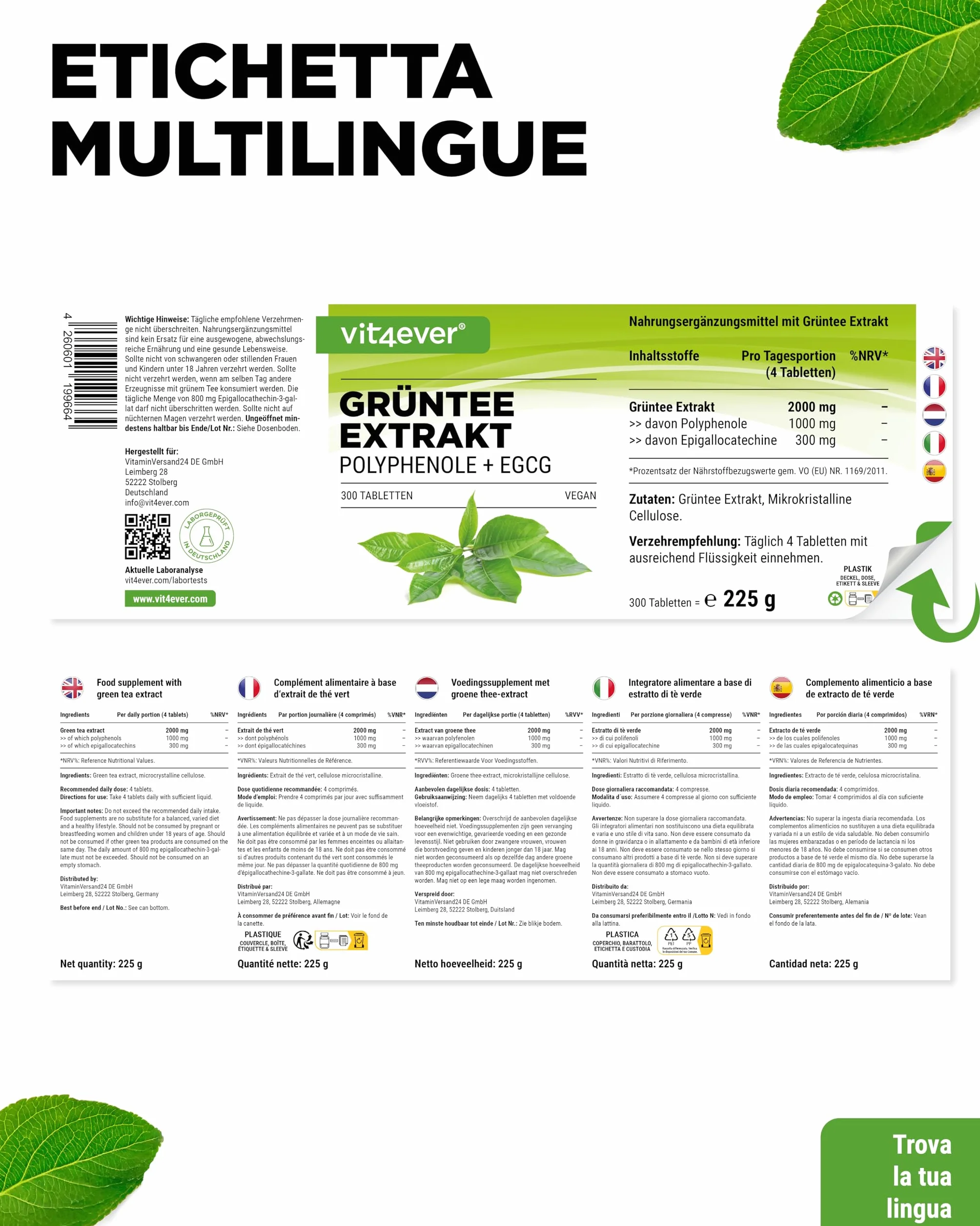 Estratto di tè verde 300 compresse ad alto dosaggio - 2000 mg di estratto di tè verde, 300 mg di EGCG e 1100 mg di polifenoli per dose giornaliera - Tè verde - Vegan