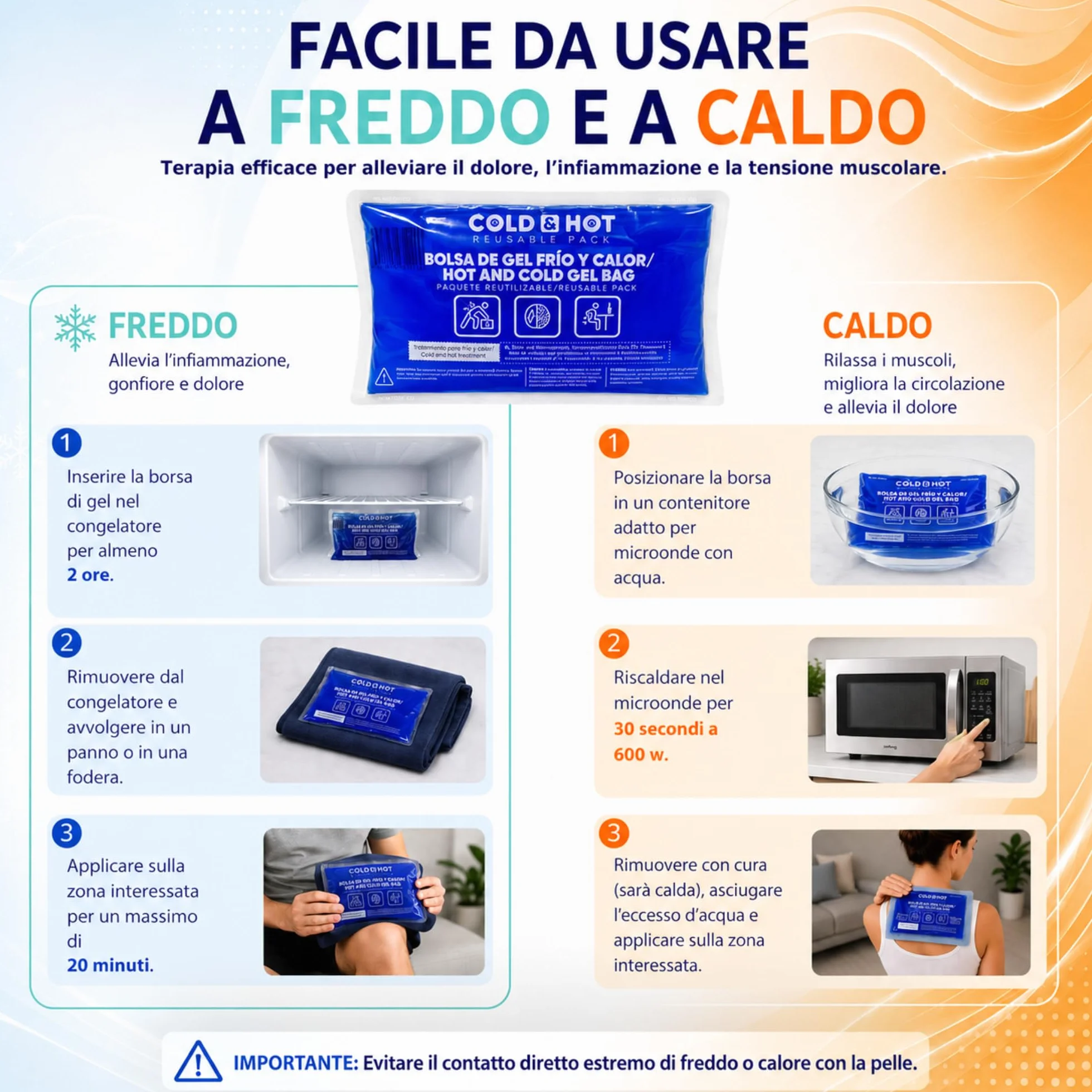 Ghiaccio Gel Riutilizzabile (26 x 15 cm) Compressa Fredda Calda Multifunzione per Terapie Dolori Muscolari Febbre Lesioni Sportive
