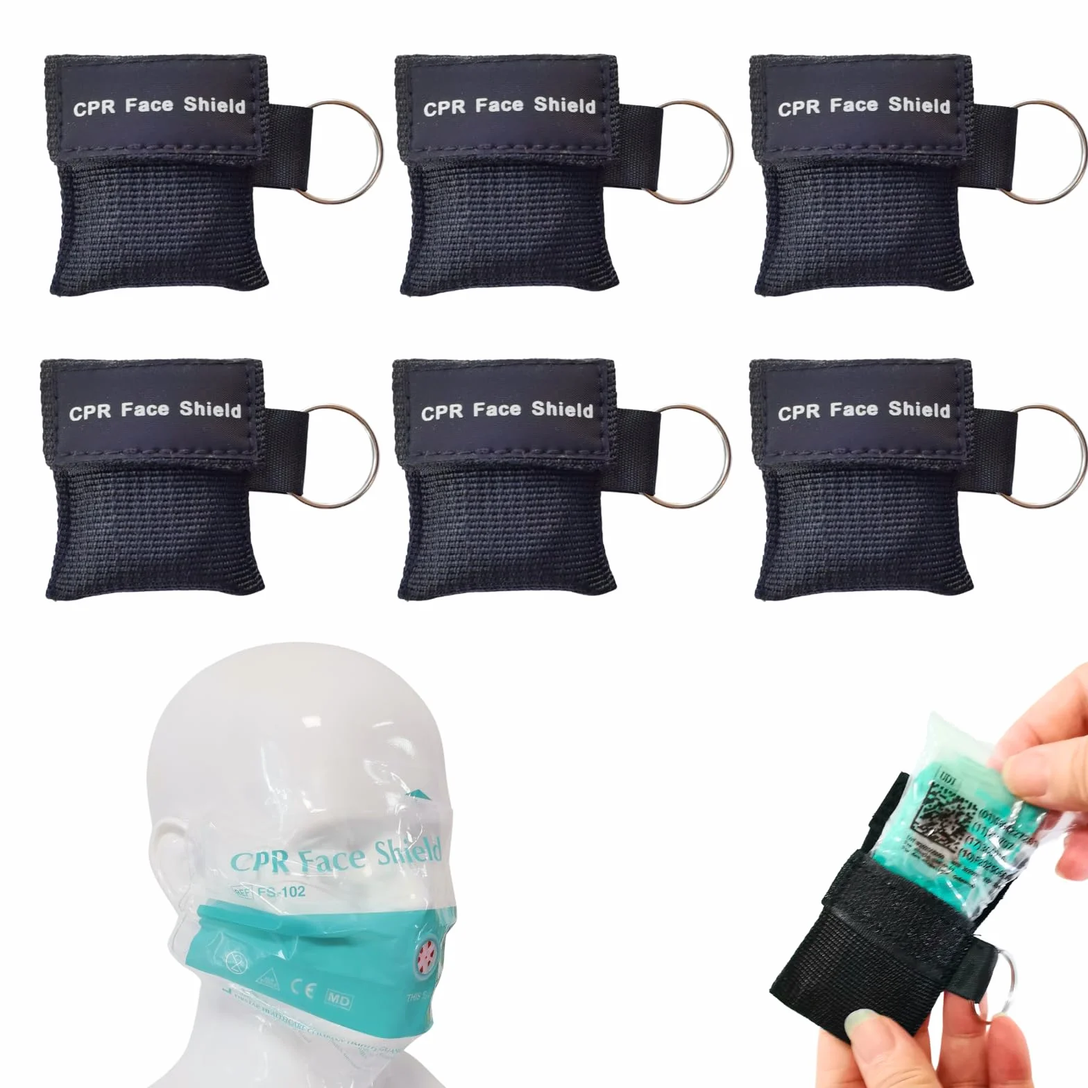 Maschera di ventilazione CPR 6 pezzi portachiavi con moschettone panno valvola ritegno barriera respiratoria tascabile primo soccorso