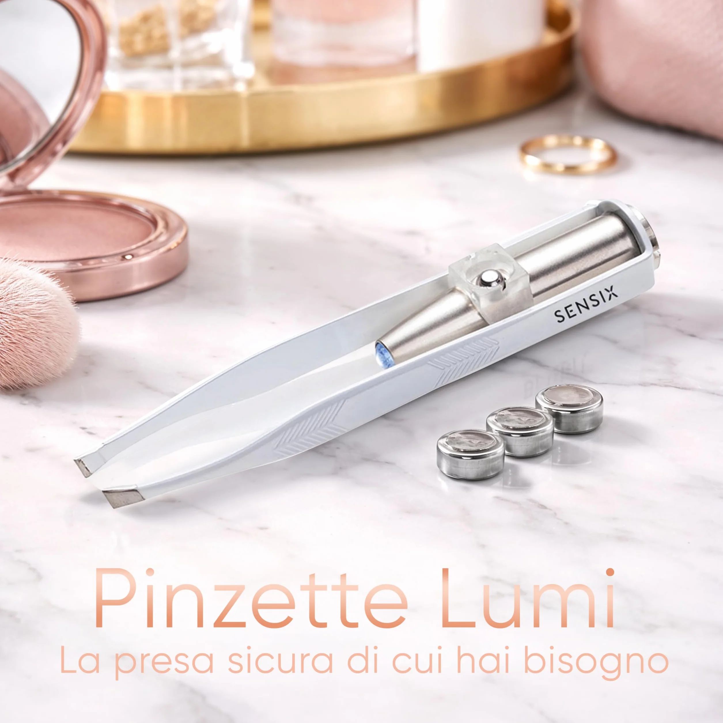 Sensica Pinzette Sopracciglia con Luce LED Professionali – Pinzette di Alta Precisione a Punta Obliqua in Acciaio Inox, Pinzette Luminose per Peli Incarniti e Viso, Idea Regalo Donna