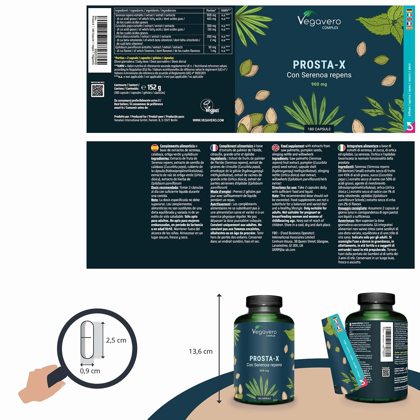 Vegavero® Serenoa Repens 900 mg 180 capsule Integratore Prostata Uomo Saw Palmetto Epilobio Ortica Zucca