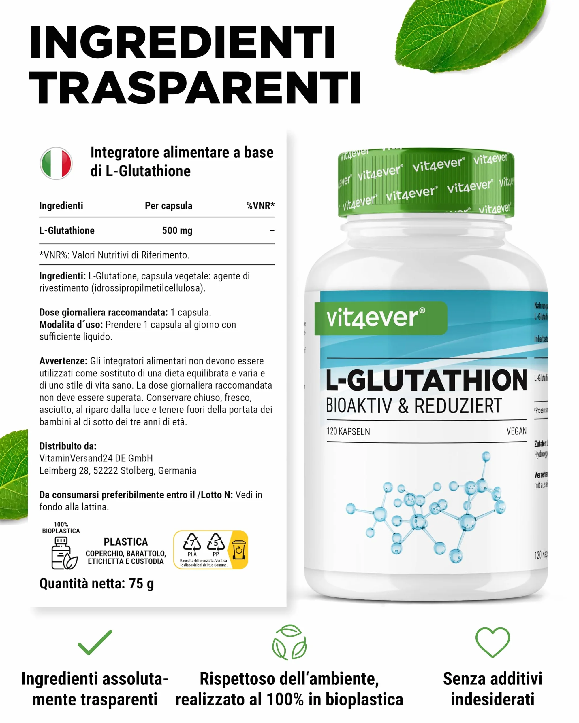 L-Glutatione - 120 capsule con 500 mg per capsula - Premium: glutatione ridotto e bioattivo da fermentazione - Altamente dosato - Vegan