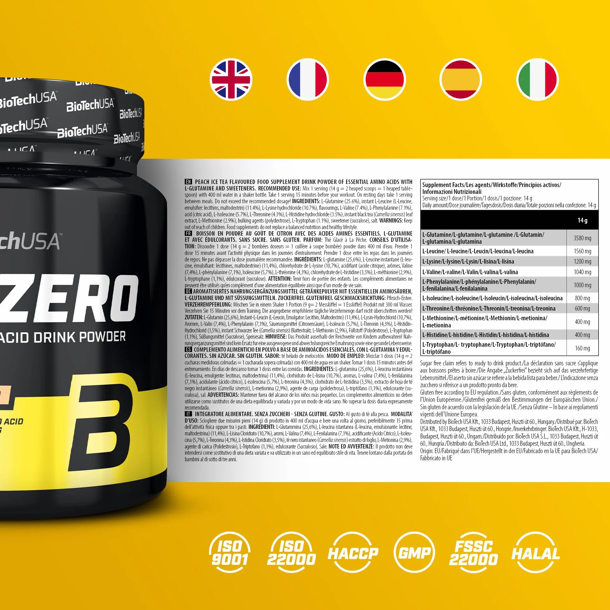 BioTechUSA EAA Zero - Potenza degli Aminoacidi Essenziali | 7160mg EAA/servizio | Rapporto raccomandato dall'OMS | Senza zucchero, senza glutine, 350 g, Tè Alla Pesca