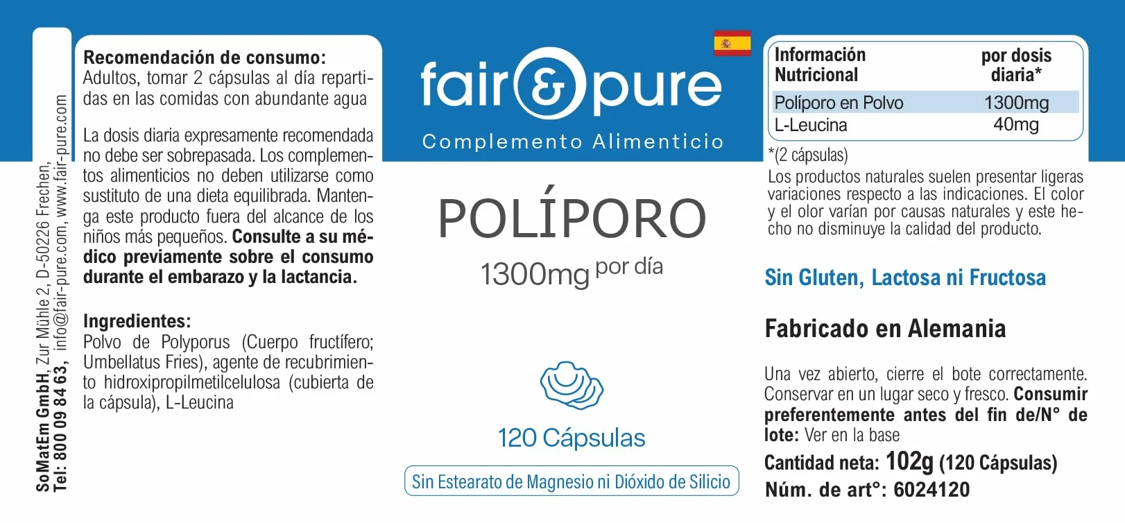 Fair & Pure® - Polyporus umbellatus - Polyporus 1300mg - Vegan - Polvere in capsule - 120 Capsule