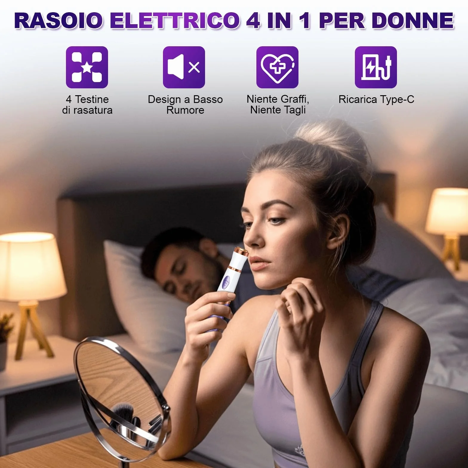 Rasoio Elettrico Donna, 4 in 1 Depilatore Corpo Donna Rasoio Parti Intime Depilatore Viso, Rasoio Intimo Rasoio Elettrico Corpo Epilatore Elettrico Capelli per Viso, Corpo