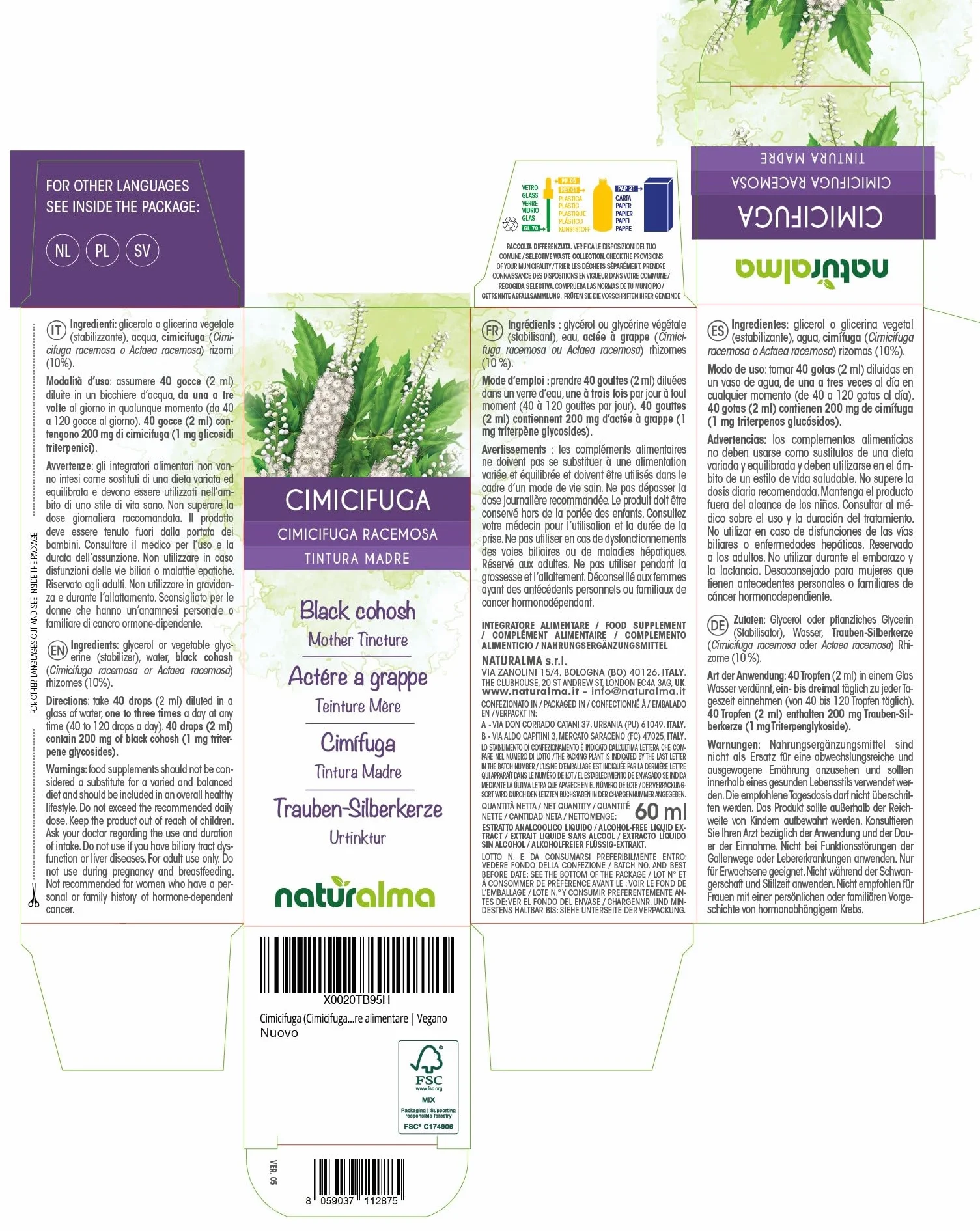 Cimicifuga racemosa Tintura Madre analcoolica Naturalma - Estratto liquido gocce 60 ml - Integratore alimentare Vegano