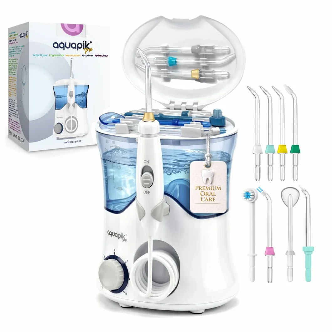 Aquapik PRO Idropulsore Dentale da Tavolo, Irrigatore Orale 600 ml con 8 Ugelli e 10 Livelli di Pressione, Ugello Rotante 360°, per Pulizia Interdentale, Apparecchi e Impianti, Bianco