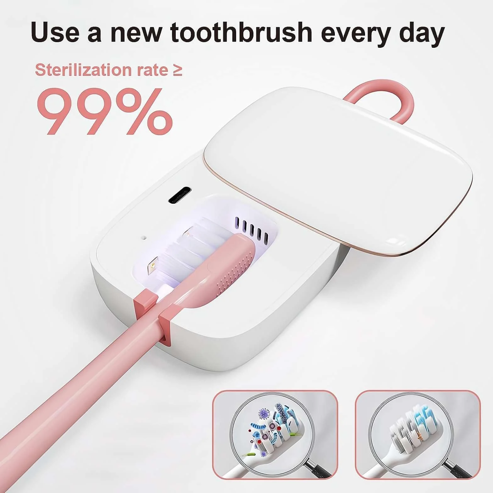 Spazzolino da denti disinfettante UV e con luce UV, sterilizzatore per spazzolino da denti, custodia, spazzolino da denti ricaricabile USB portatile, rosa