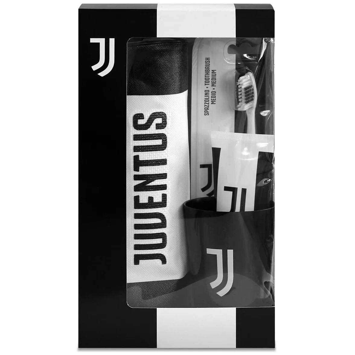 Naturaverde | Kids - Football Team - Juventus Oral Care Kit, Spazzolino da Denti Manuale con Setole Medie, Dentifricio alla Menta da 75ml, Bicchierino con Logo e Astuccio con Logo