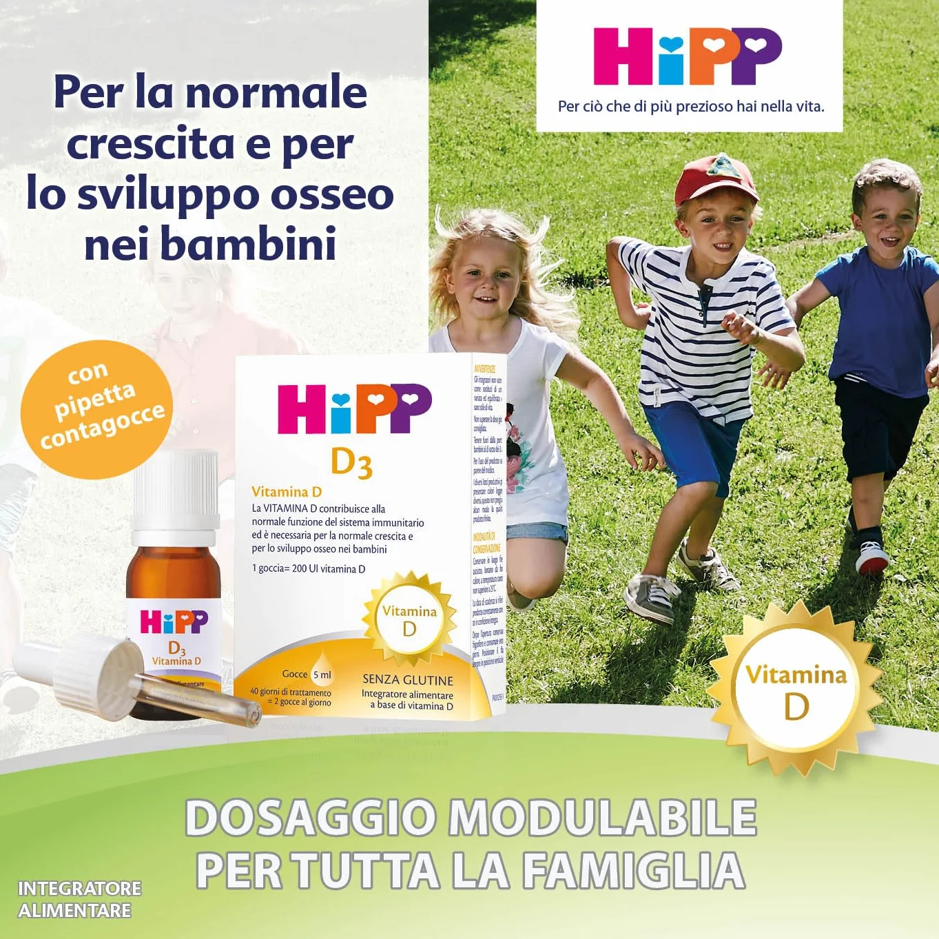 HiPP- HiPP D3, Vitamina D3, Integratore Alimentare, Bambini, in Gocce, Flacone 5 ml, con Pratica Pipetta Contagocce, Senza Glutine, Senza Additivi