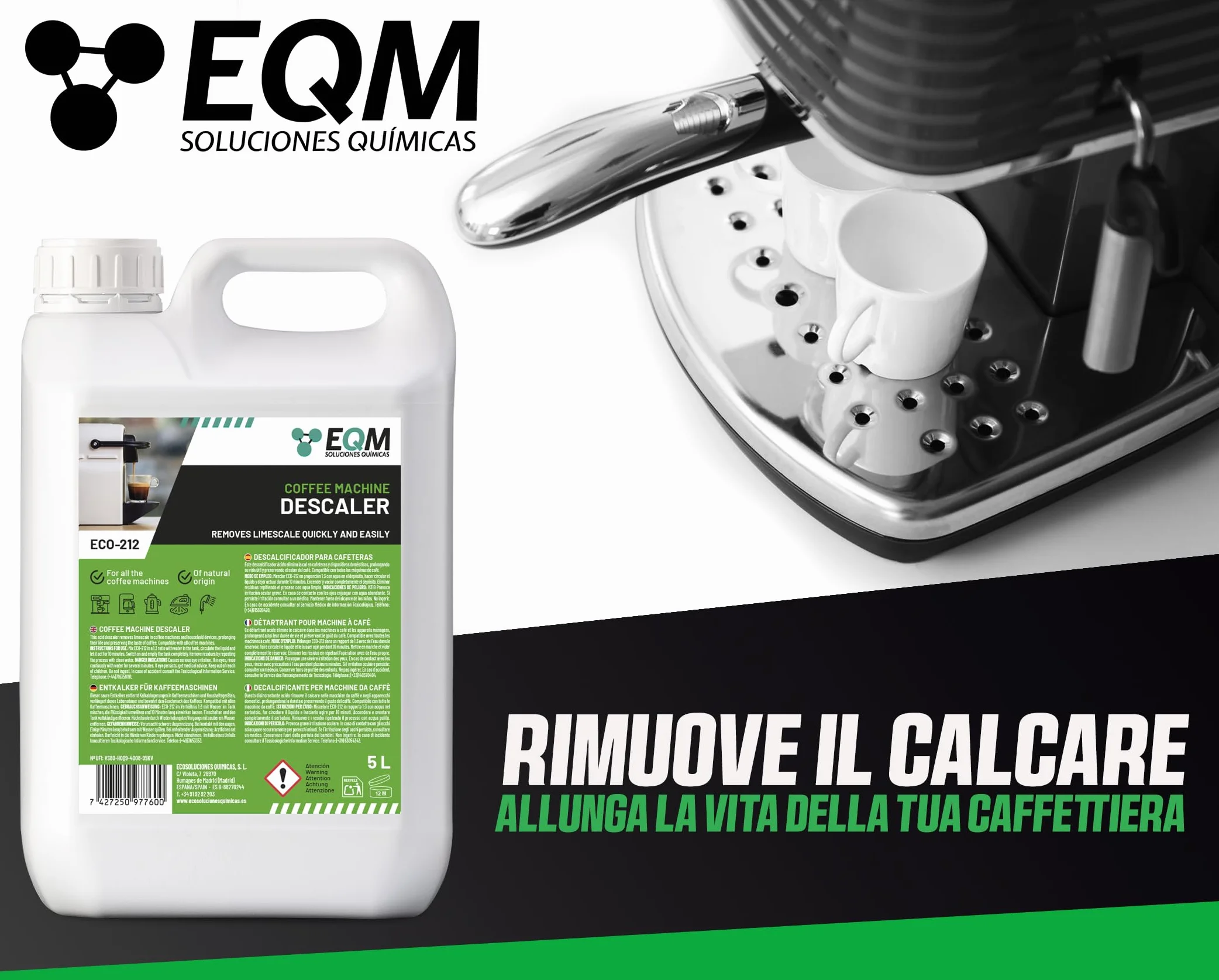 EQM Decalcificante per Macchine da Caffè 5L 100% Origine Naturale
