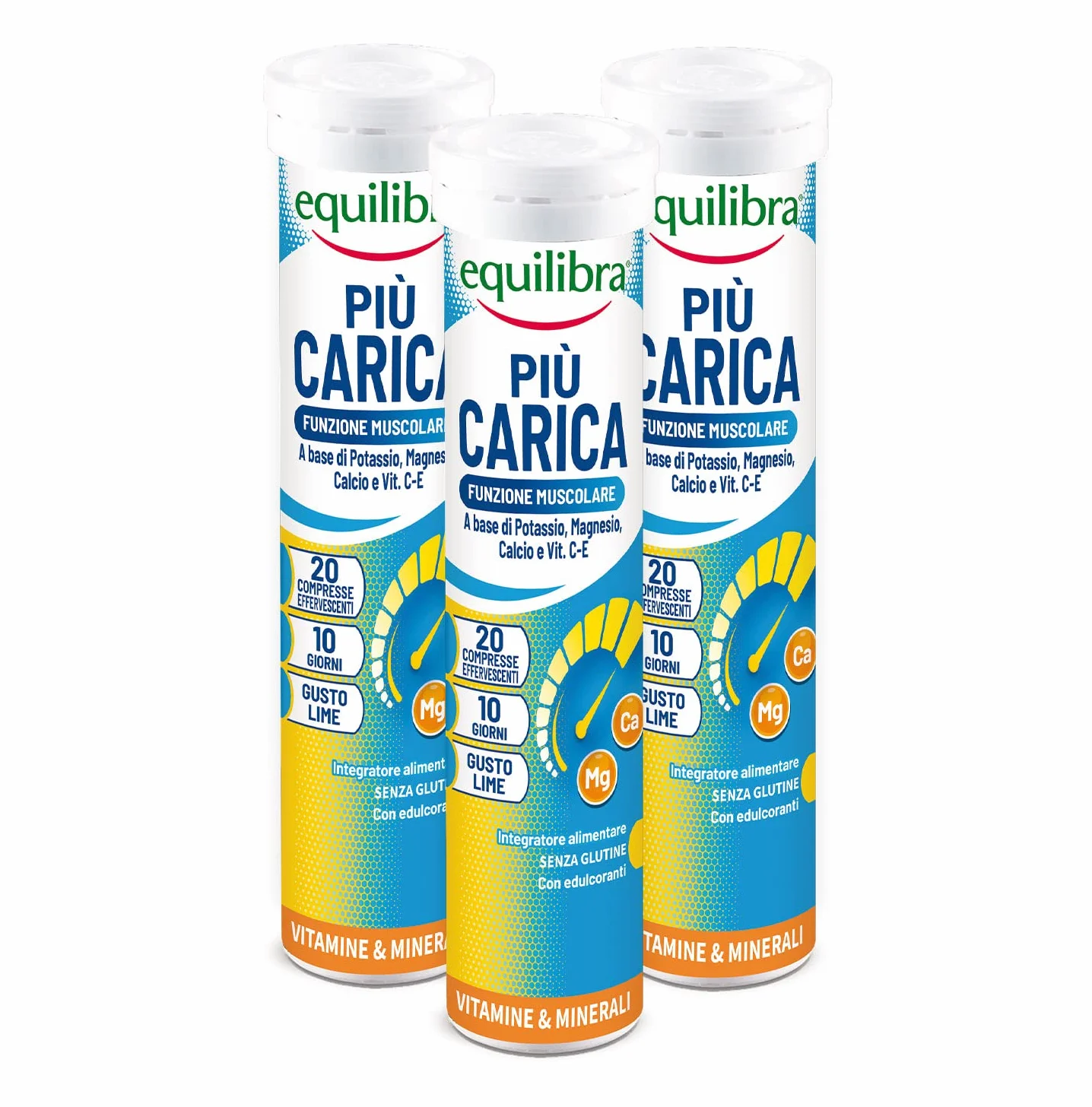 Equilibra Integratori Alimentari, Più Carica, Integratore per la Normale Funzione Muscolare, con Potassio, Magnesio, Calcio, Vitamina C e Vitamina E, Gusto Lime, 3 pezzi da 20 Compresse Effervescenti
