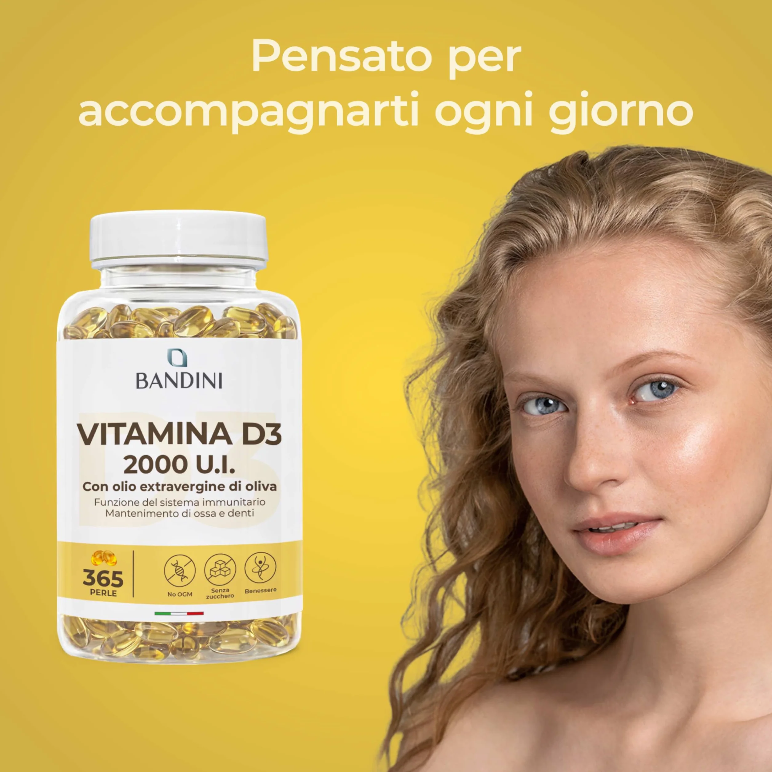 Bandini® Vitamina D3 2000 UI 365 Softgels, Alto Dosaggio 50μg, Vitamine D Colecalciferolo in perle, In Olio Extravergine di Oliva per Assorbimento Ottimale, Ossa, Denti, Muscoli, Sistema immunitario