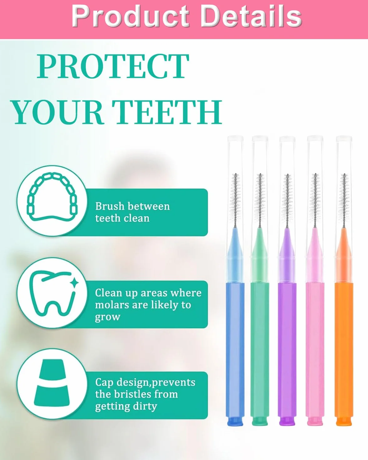 Scovolini Interdentali 50 Pezzi, Scovolino per Pulizia Denti con Coperchio, Pulire Spazi Stretti Tra Denti, Strumenti Pulizia Denti, 5 Colori
