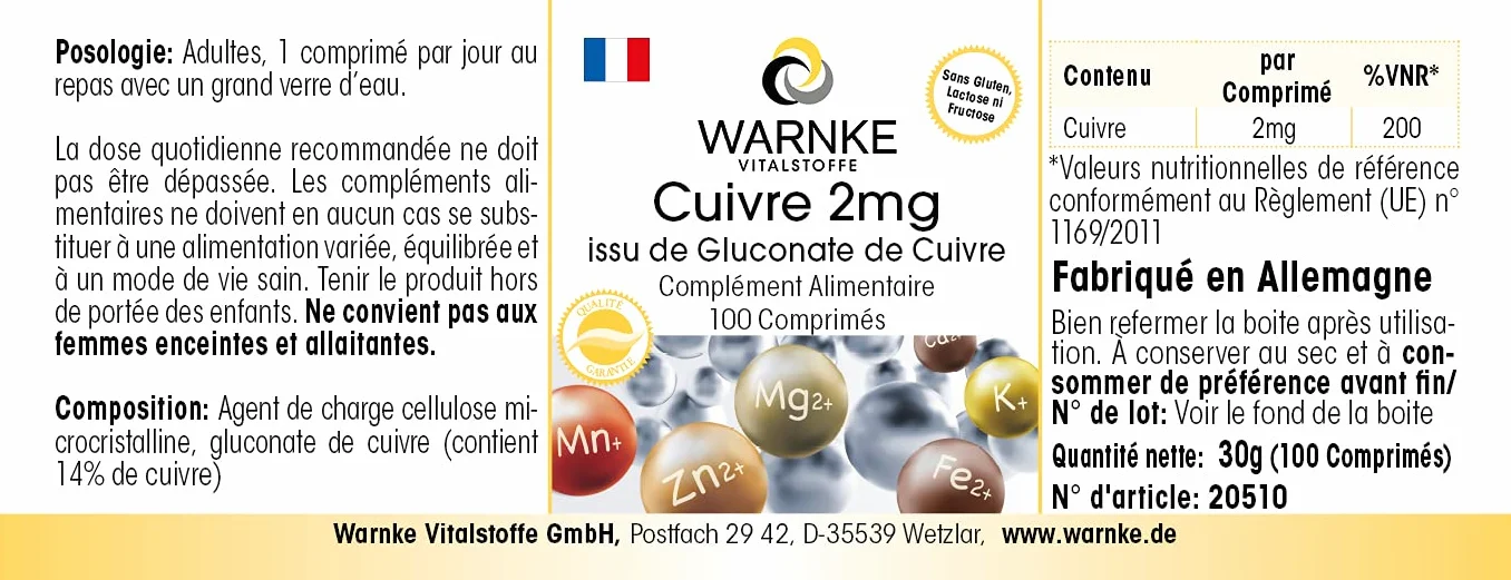 Rame 2mg integratore - Gluconato di rame - 100 compresse - Sostanza pura | Warnke Vitalstoffe - Qualità da farmacia tedesca