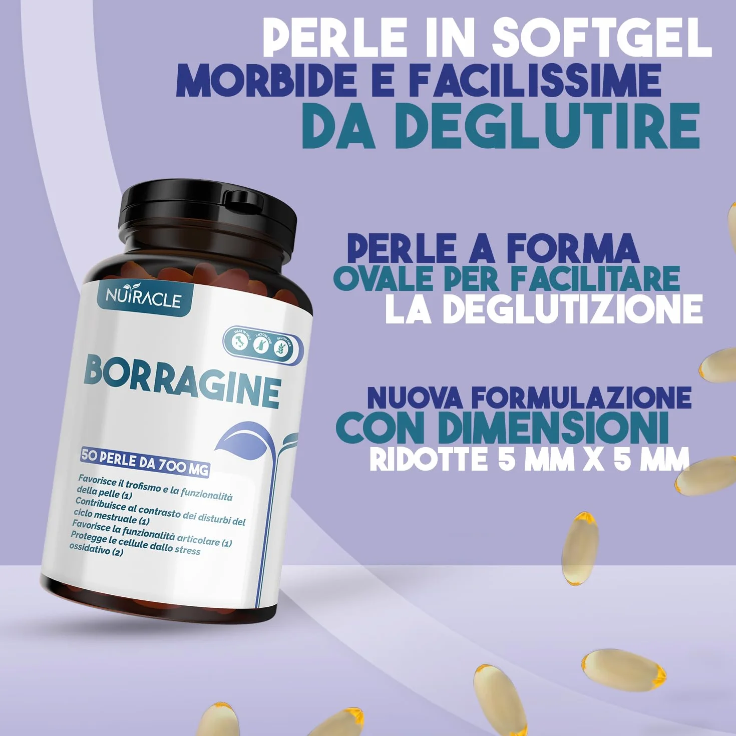 Nutracle Olio di Borragine perle 700 mg Integratore pelle capelli GLA 20% Omega 6 ciclo mestruale acne 50 perle