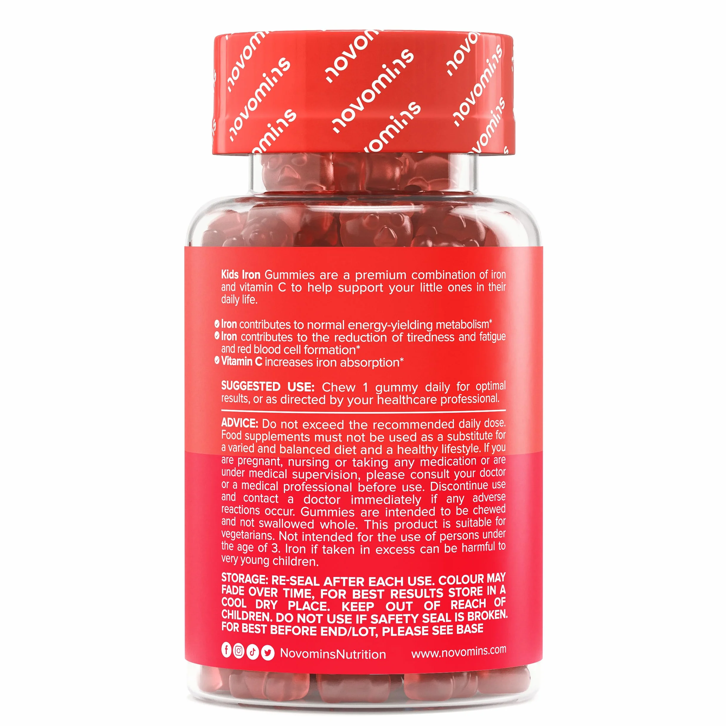 Ferro Bambini Gommose – Ferro + Vitamina C per l'Assorbimento – Energia, Globuli Rossi e Difese – Vegano, Senza Glutine – 30 Gommose Gusto Fragola – Novomins