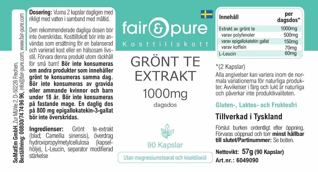 Fair & Pure® - Estratto di tè verde 1000 mg (Camilla sinensis) - 90 capsule - 50% polifenoli (tra cui EGCG) - vegano - senza magnesio stearato