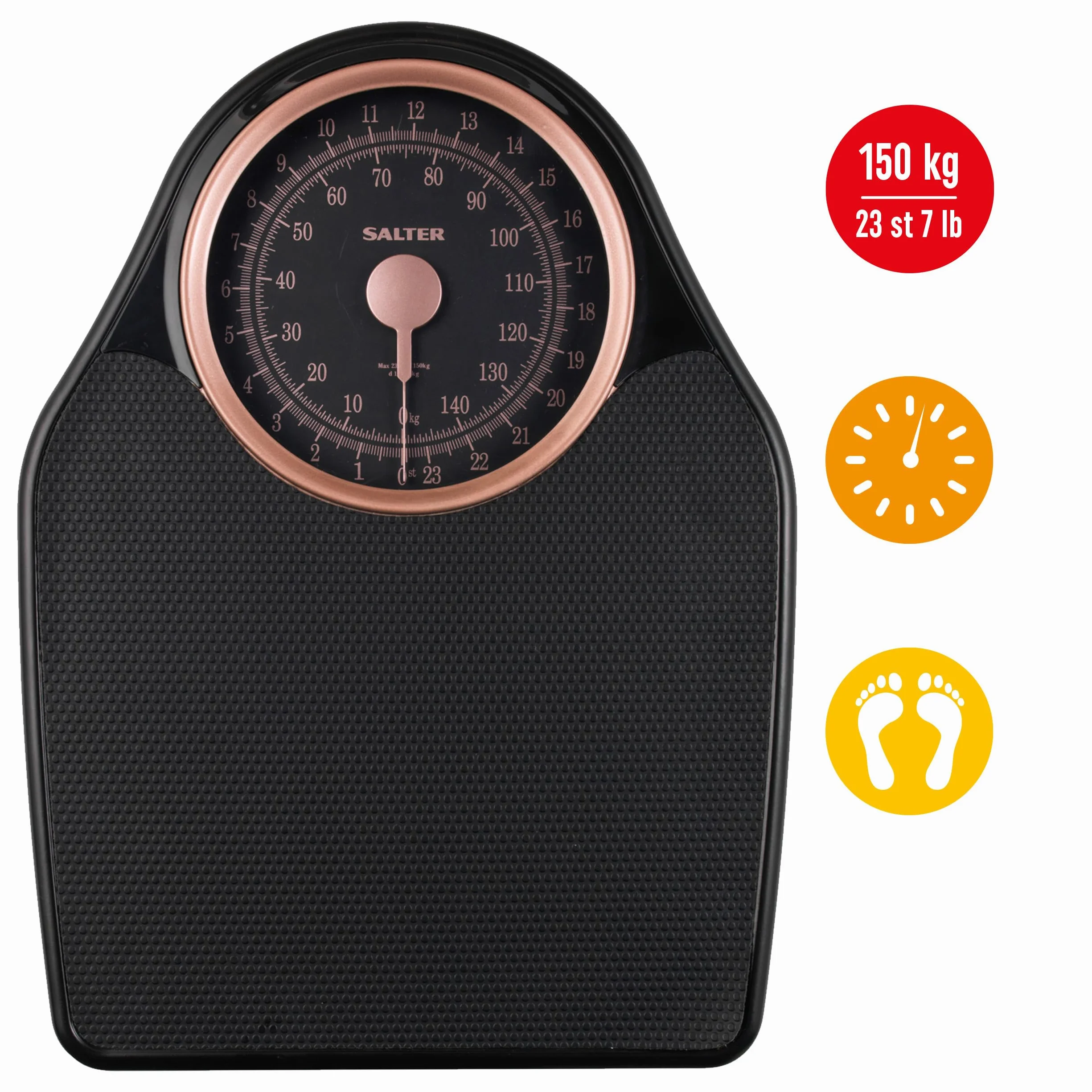 Salter 145 RGFEU16 Bilancia meccanica Doctor Style - capacità massima 150 Kg, quadrante di facile lettura con puntatore rotante, ampia piattaforma con tappetino in vinile, senza batteria, oro rosa
