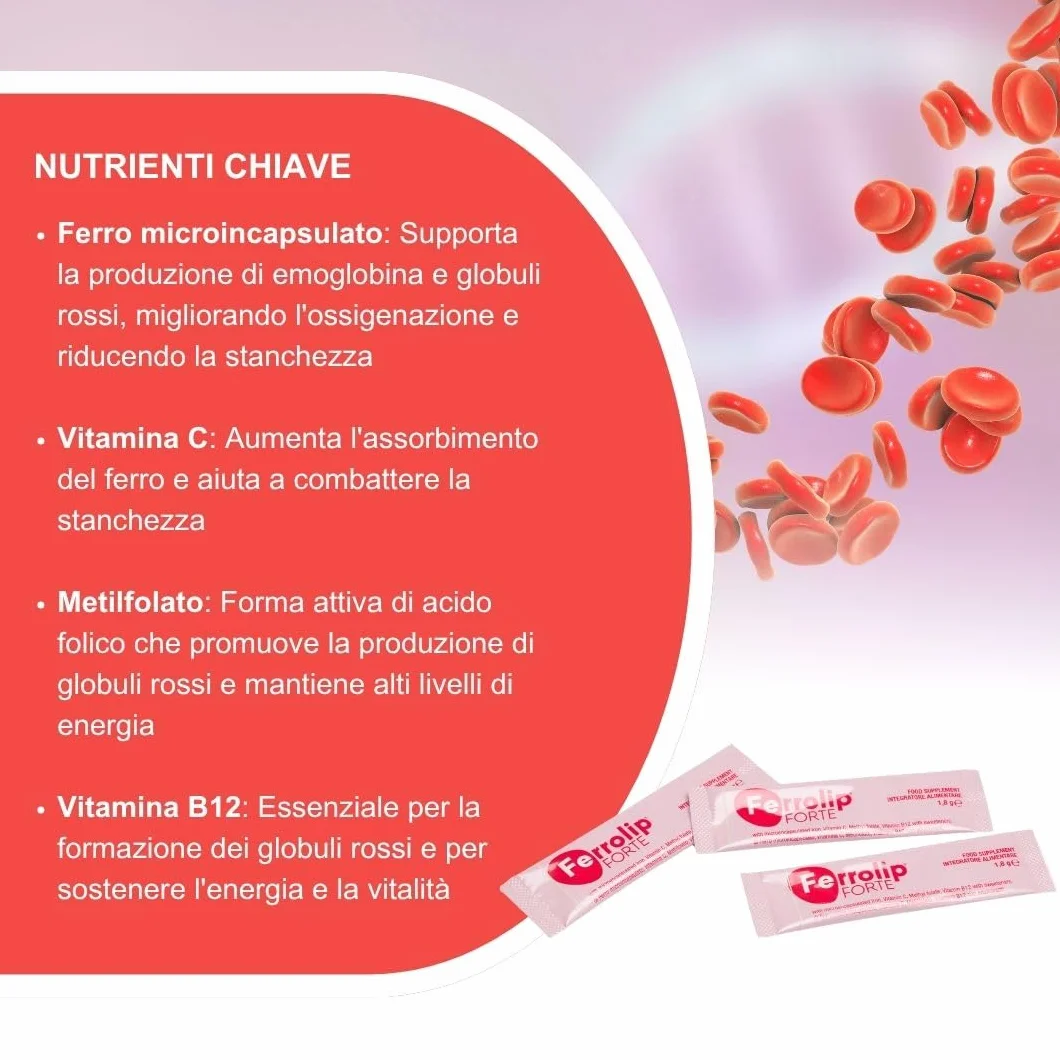 Ferrolip Forte Integratore Ferro e Acido Folico (30 Bustine Orosolubili al Limone) - Senza Fastidi Gastrointestinali - Privo di Sapore Metallico - Con Vitamina C e B12