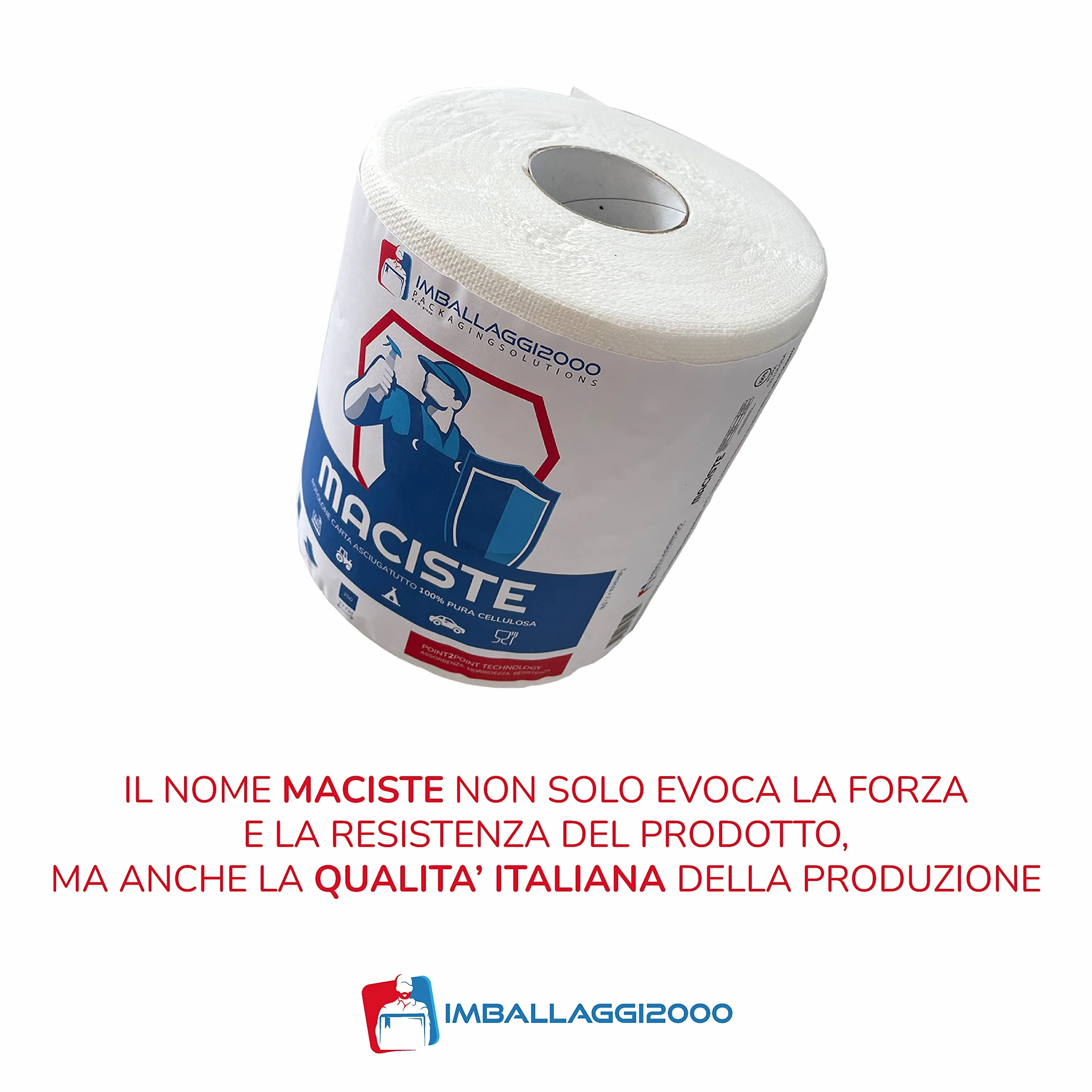 IMBALLAGGI 2000 Maciste Rotoloni Asciugatutto 12 Pz 250 Strappi 20x22 cm Carta Cucina 2 Veli Cellulosa Assorbente Bobina 20Hx18Ø