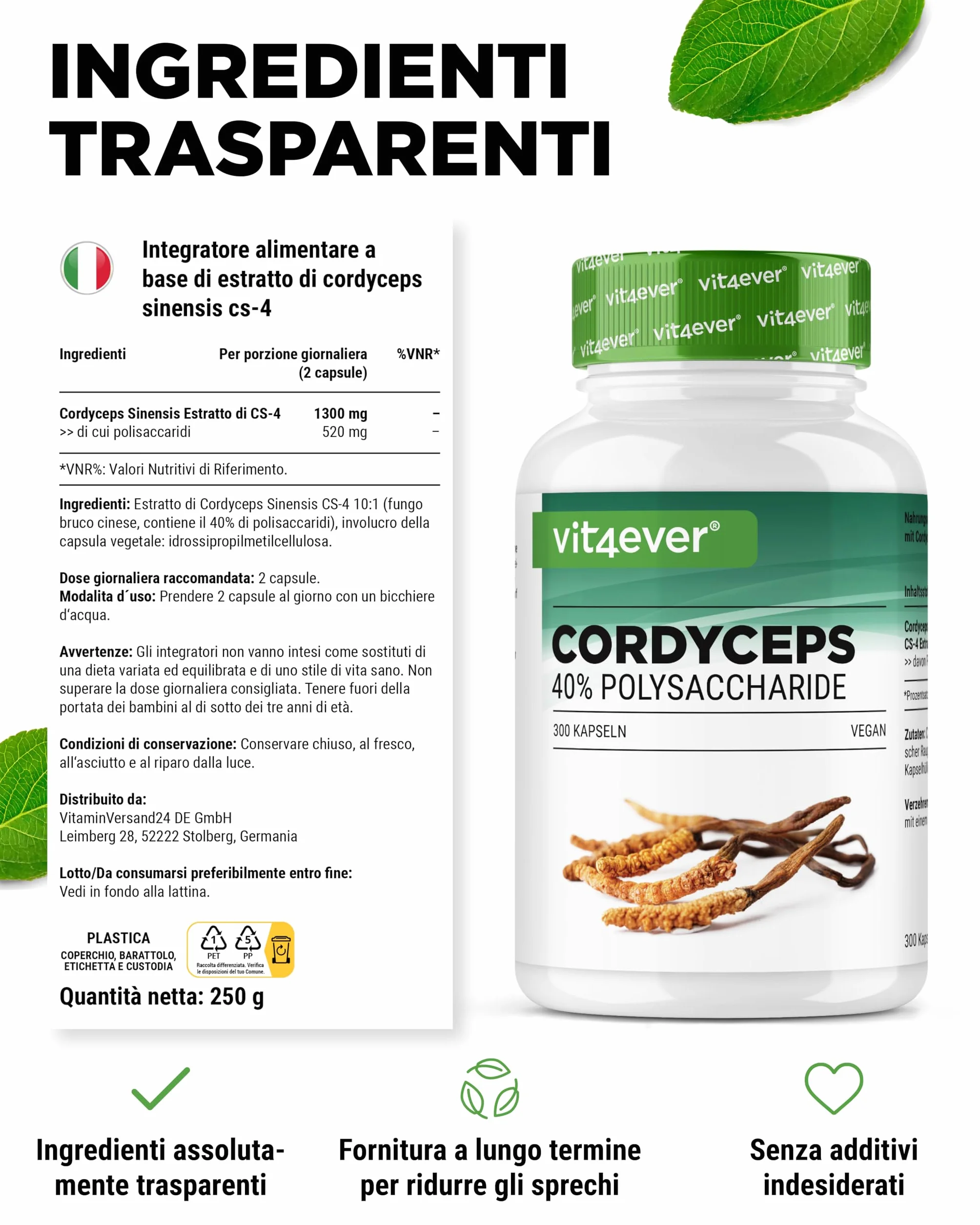 Fungo Cordyceps - 300 capsule con 650 mg di vero estratto CS-4-40% di polisaccaridi bioattivi - dose elevata - fungo bruco - vegano