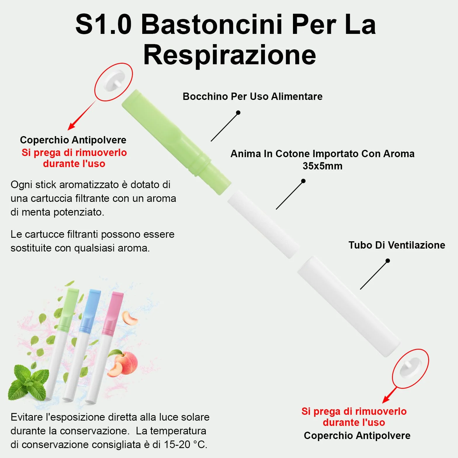 S1.0 3 PCS Smettere di Fumare Inalatore con Cartucce Filtro al Gusto di Menta Per Migliorare Respirazione Verde
