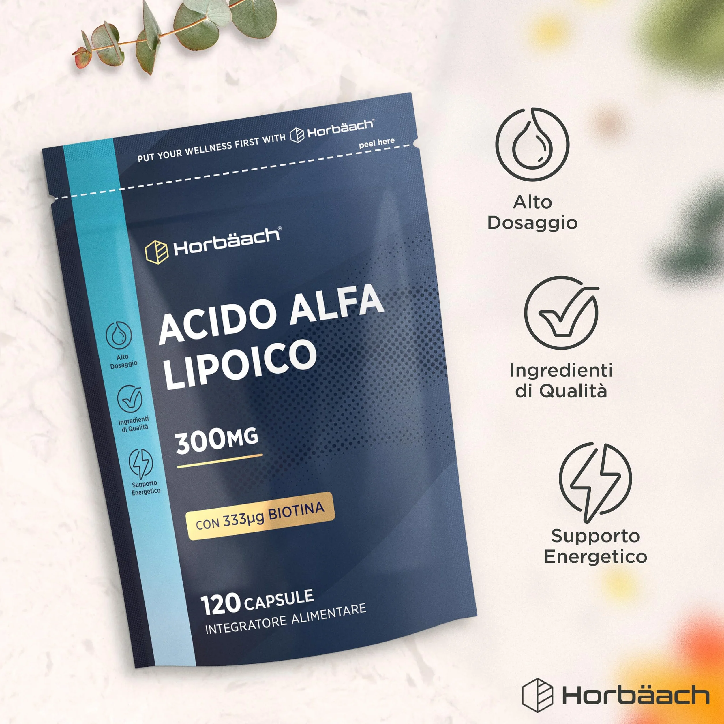 Horbaach Acido Alfa Lipoico 300ug Biotina 120 Capsule Alto Dosaggio Integratore Alimentare