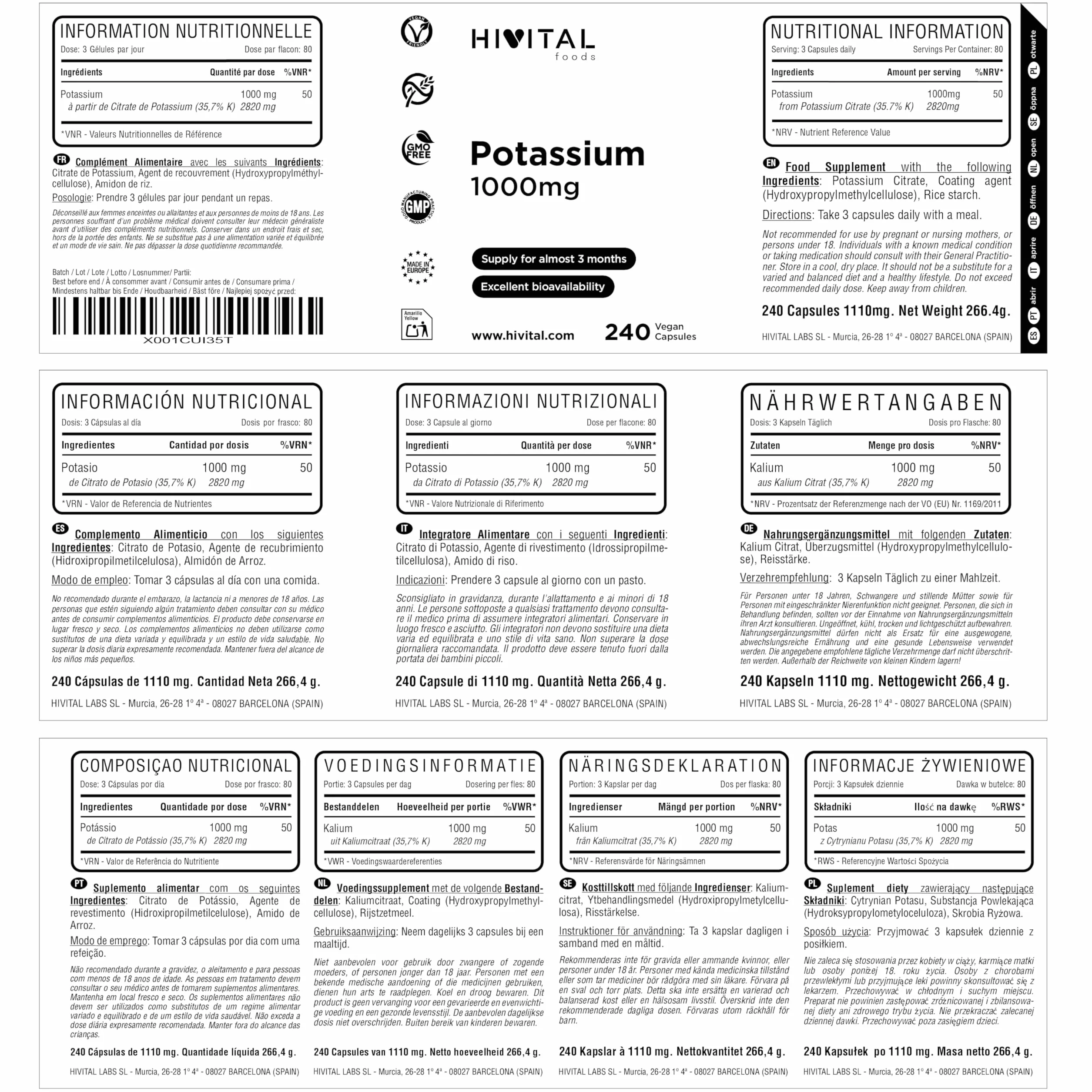 Potassio puro 1000 mg da sale organica Citrato di Potassio. 240 capsule vegane per oltre 2 mesi di trattamento. Minerale essenziale per l'organismo. Prodotto in Europa da HIVITAL