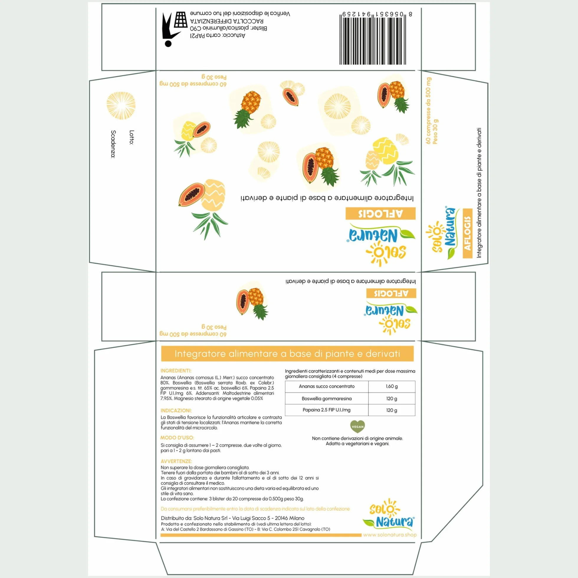 Solo Natura AFLOGIS – Integratore di Boswellia Serrata e Bromelina da Ananas. Supporto per Articolazioni e Funzionalità del Microcircolo, 60 Compresse da 500 mg