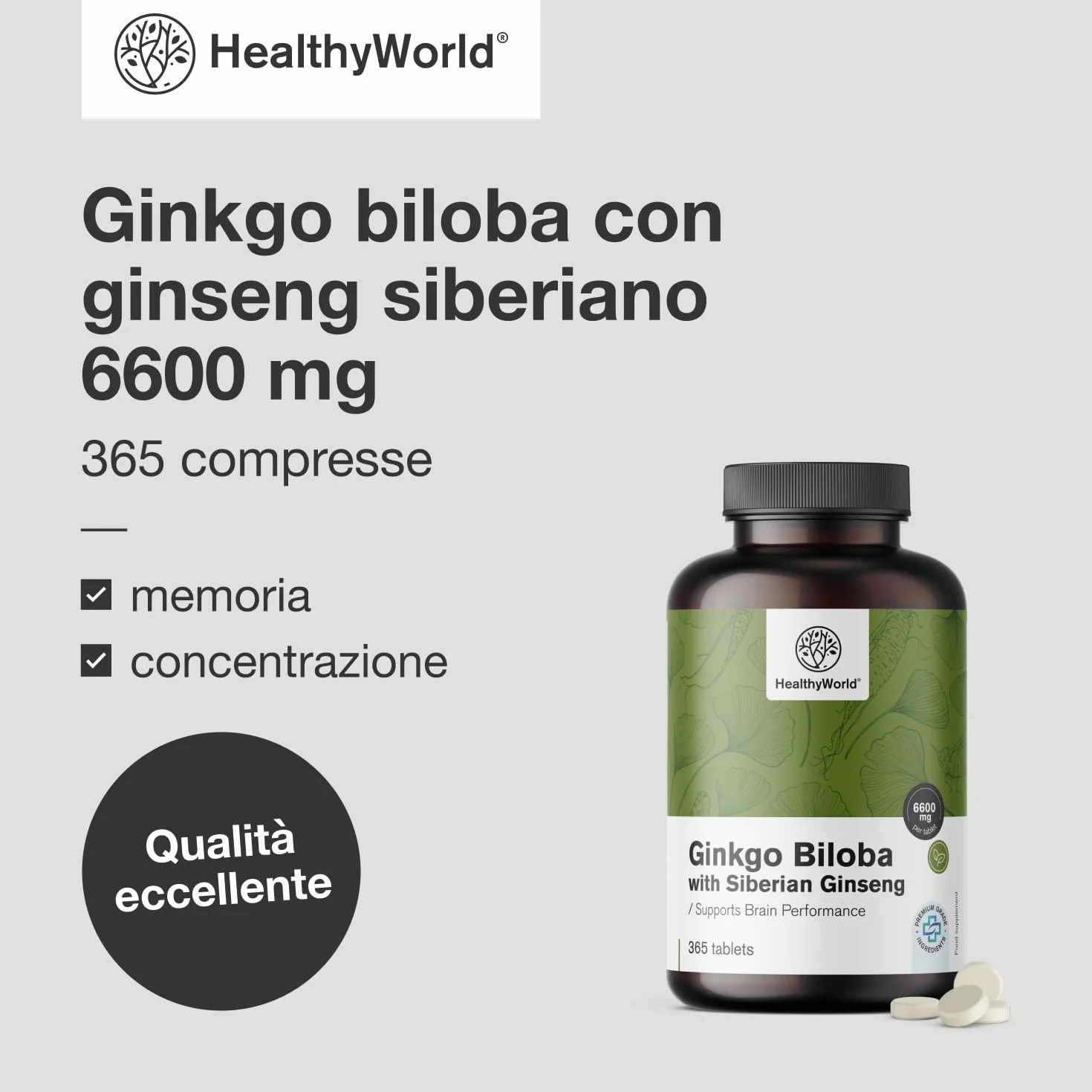 HealthyWorld Ginkgo Biloba con Ginseng siberiano 6600 mg 365 compresse Estratto 50:1 120mg 10:1 60mg